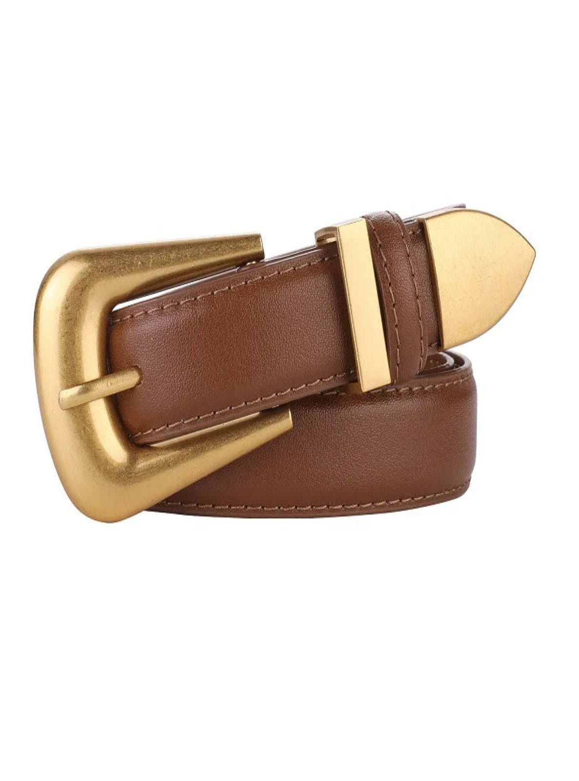 Brown leather belt with a gold buckle on a white background