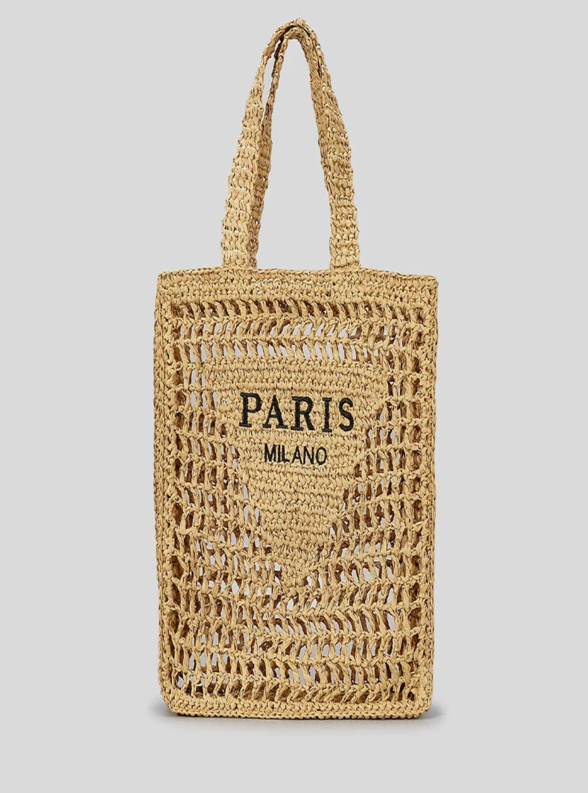 Woven straw bag with 'PARIS MILANO' text on a gray background