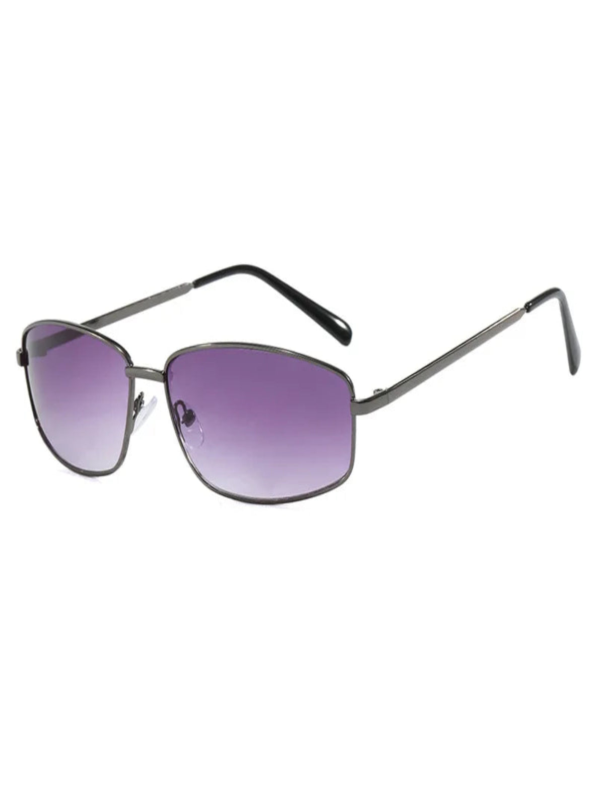 Sunglasses with purple gradient lenses and black frame on a white background