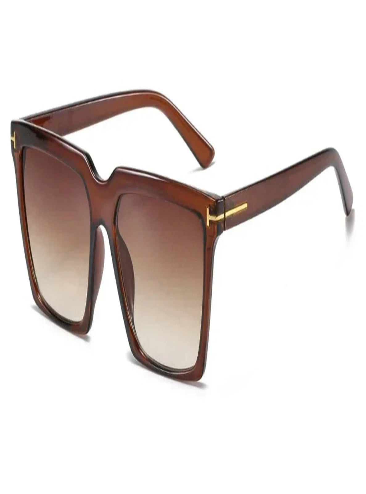 Brown sunglasses with gold accents on a white background