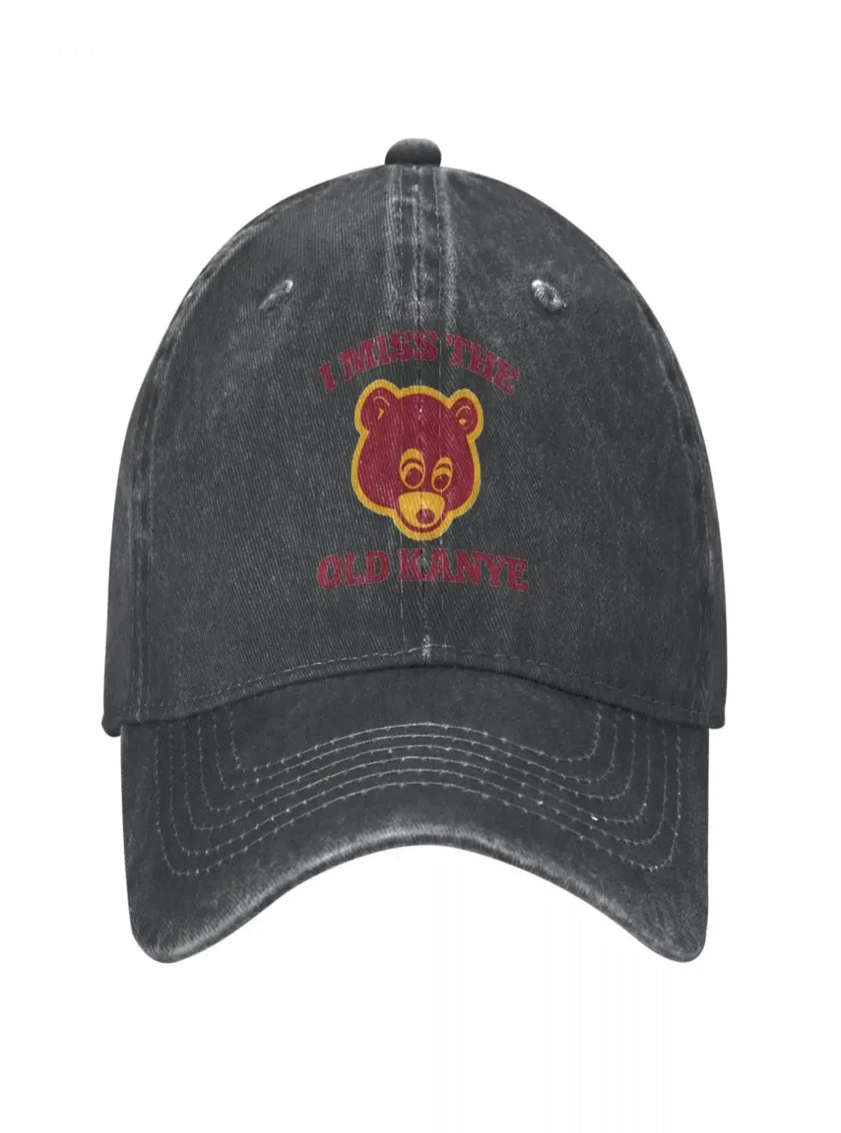 Black distressed baseball cap with a bear graphic and text on a white background