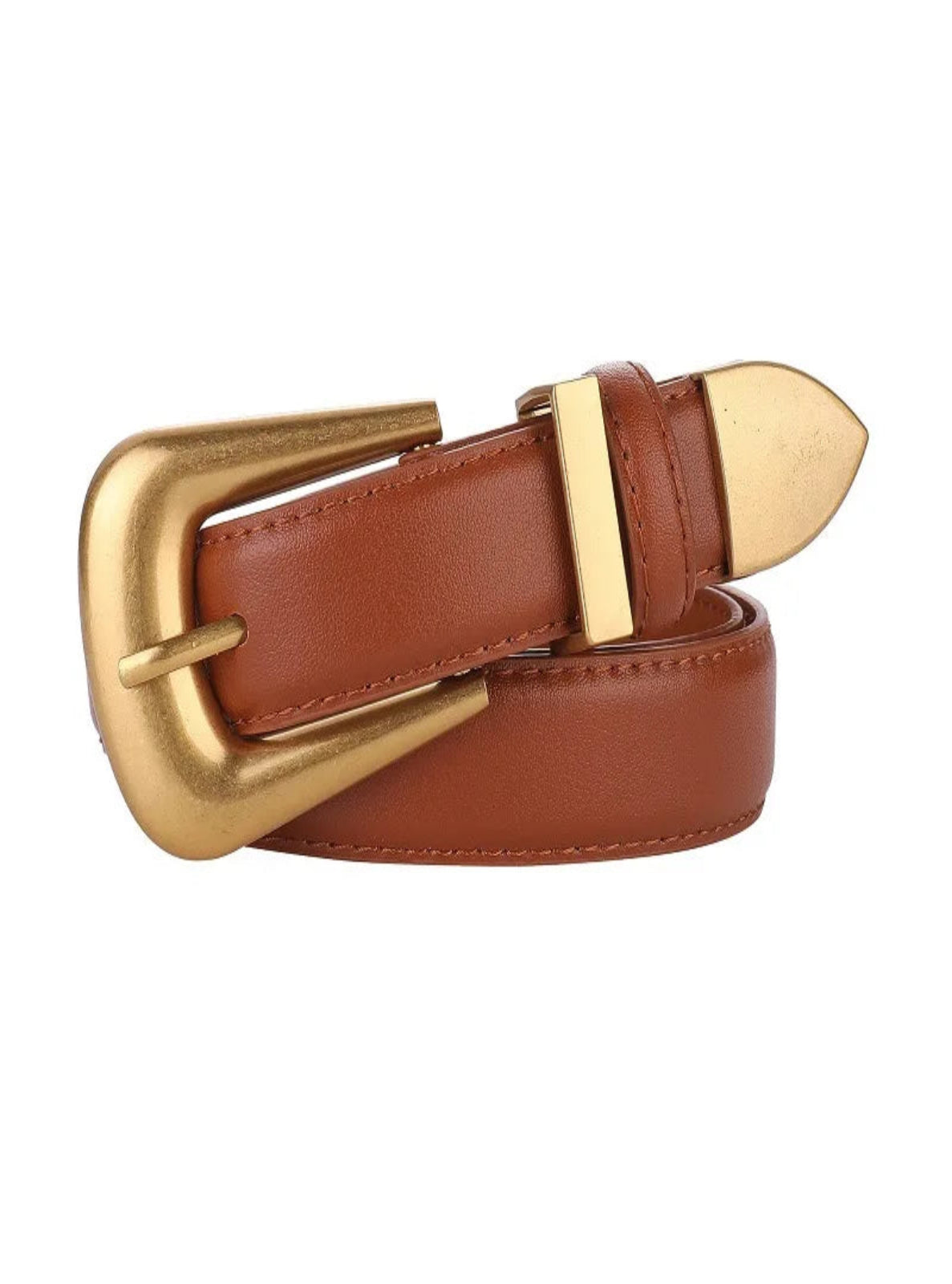Brown leather belt with a gold buckle on a white background