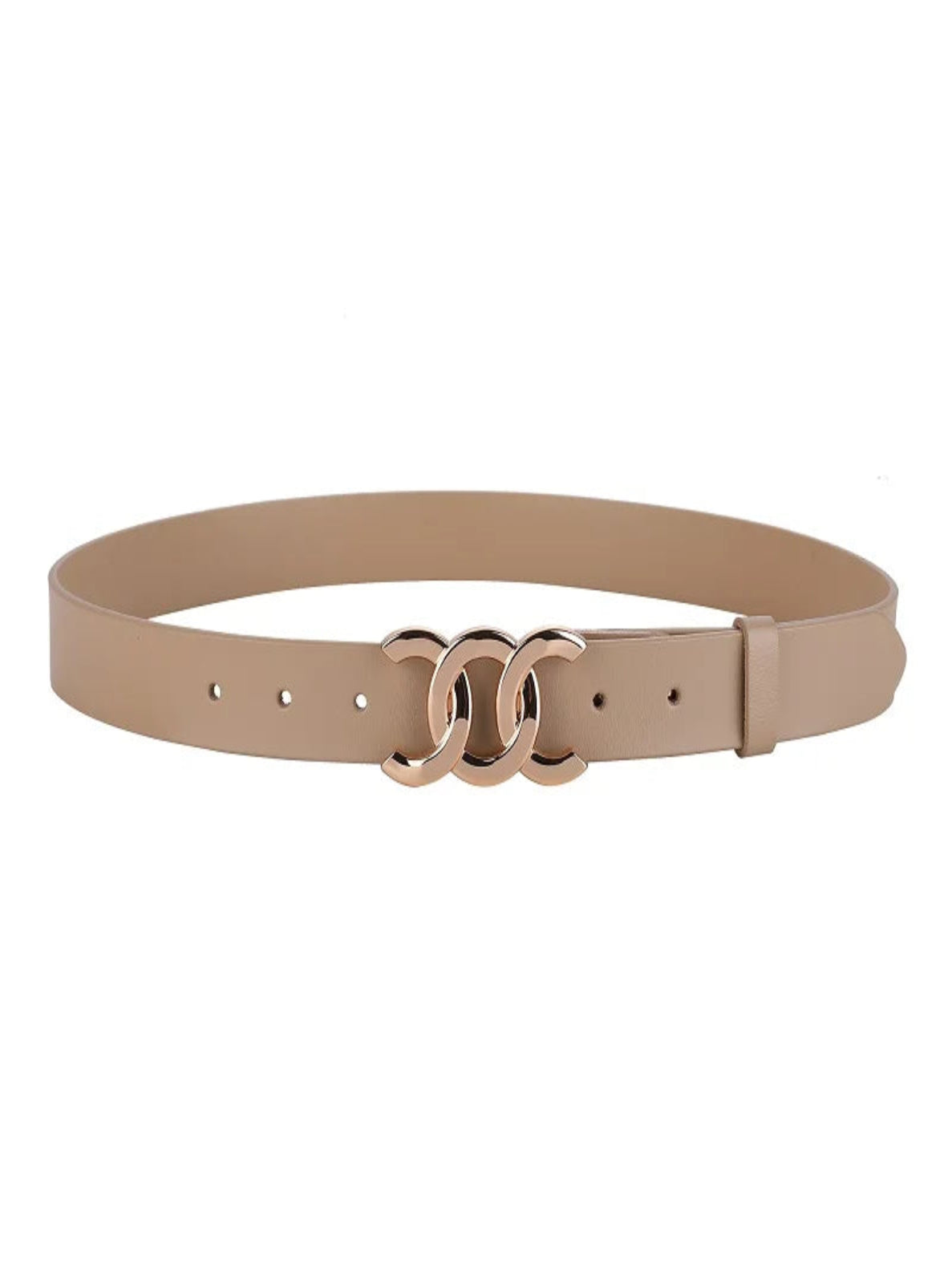 Beige belt with a gold double-ring buckle on a white background
