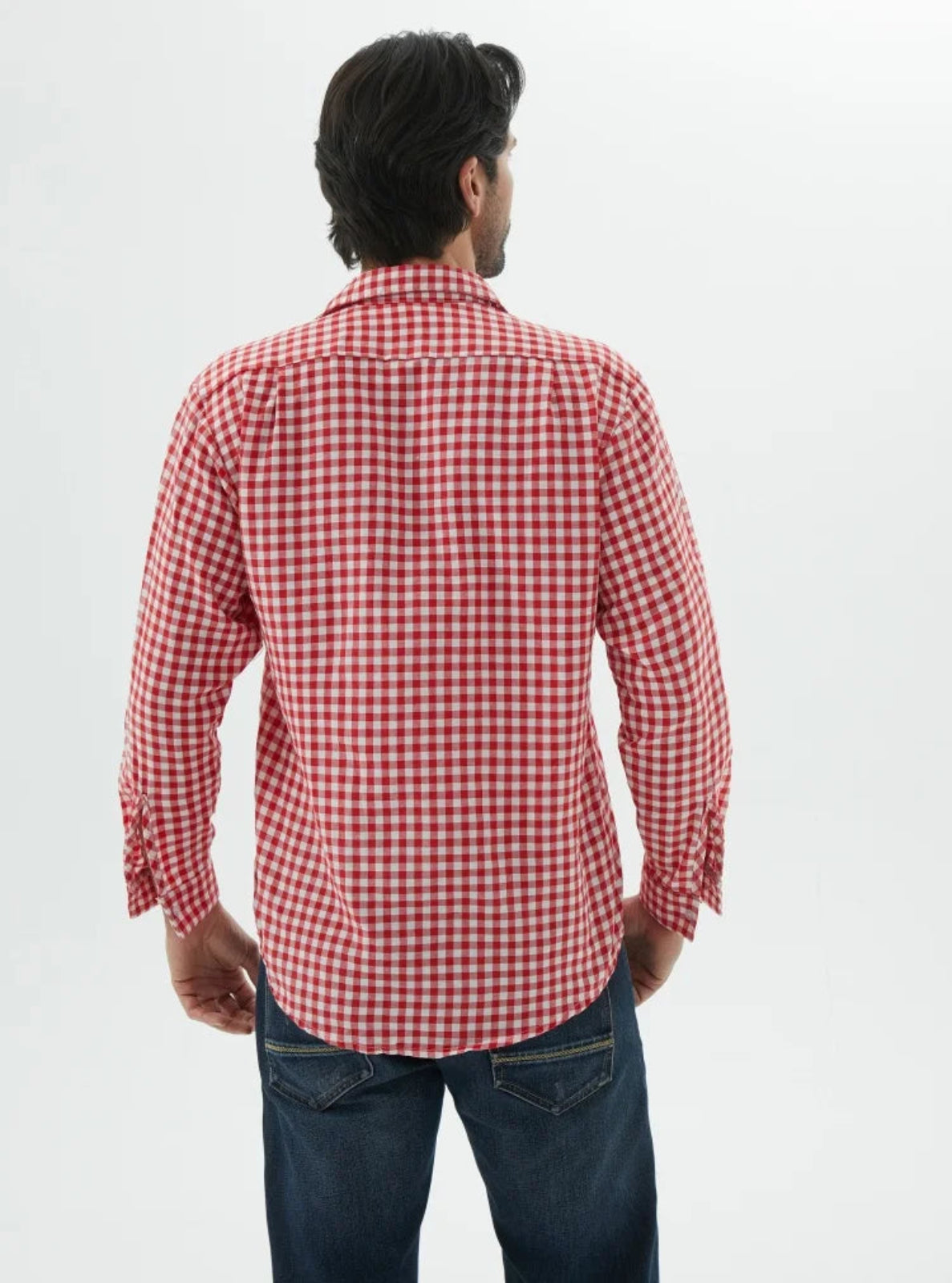 Man wearing a red and white checkered shirt on a plain background
