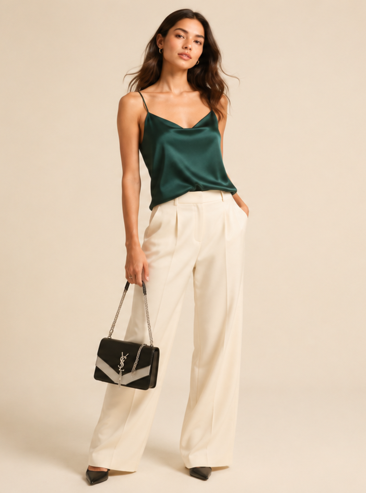 A woman modeling a dark green satin camisole top and cream wide-leg trousers, holding a black and white handbag against a plain beige studio background.