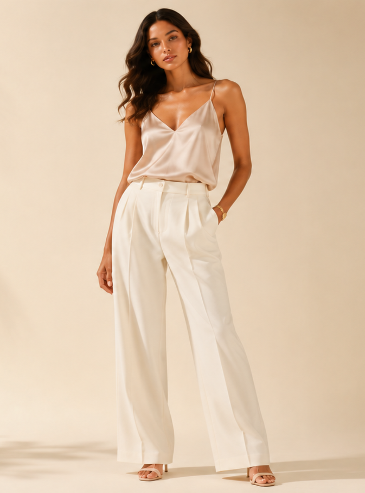 A woman modeling a white camisole top and matching white wide-leg trousers against a warm beige studio backdrop with soft palm leaf shadows.