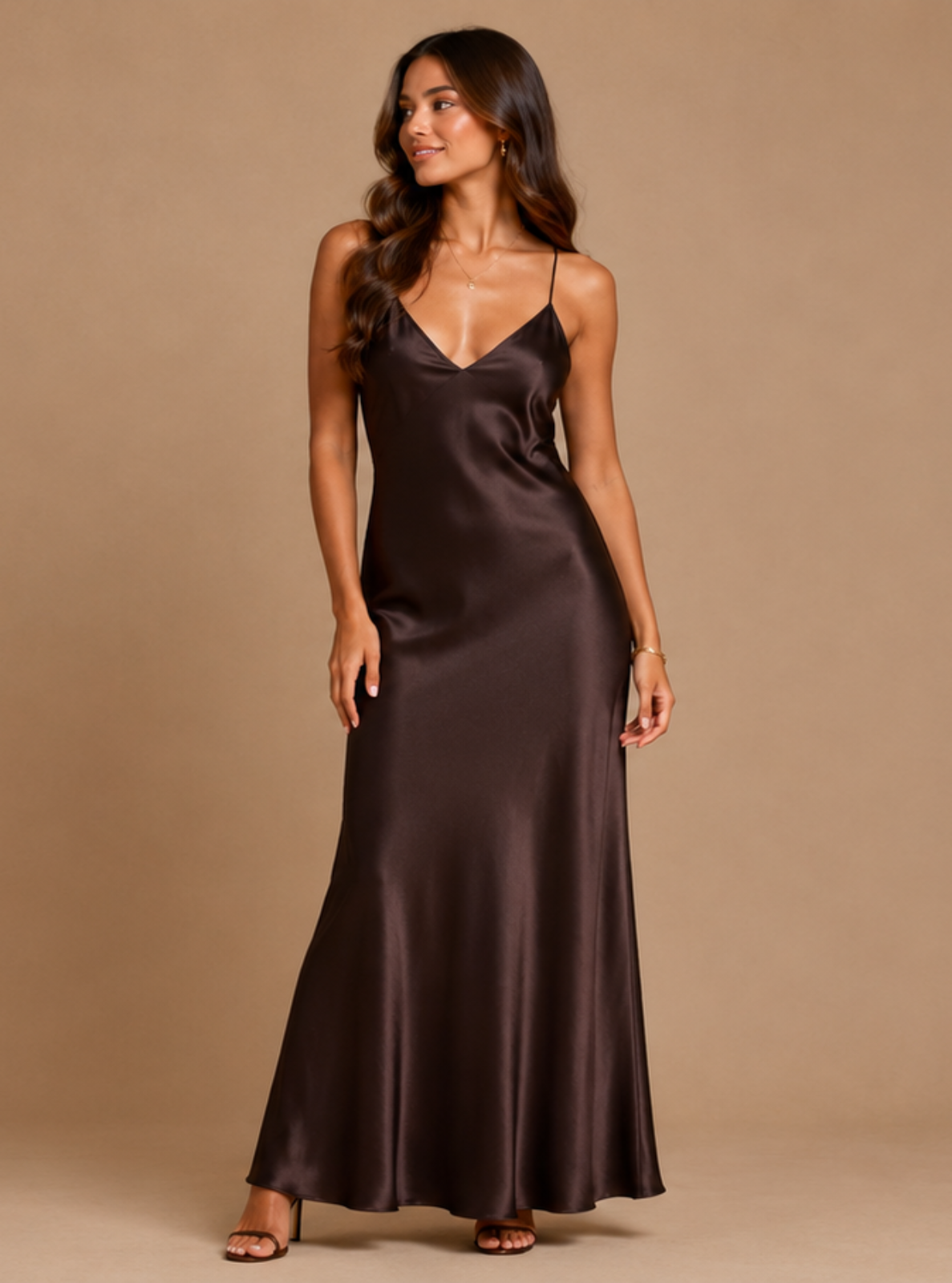A woman modeling a floor-length satin slip dress in a deep chocolate brown color, standing against a solid beige studio backdrop.