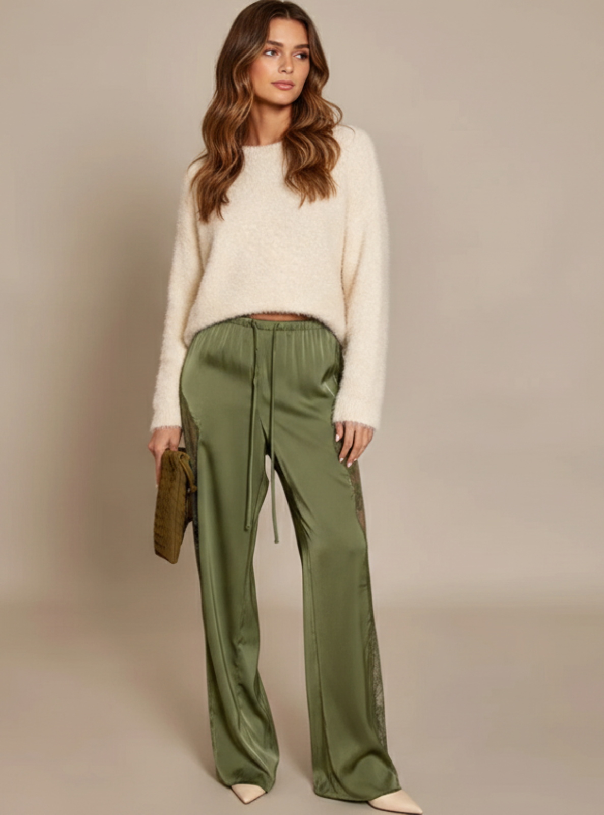 Satin Wide-Leg Pant with Lace Side Panels