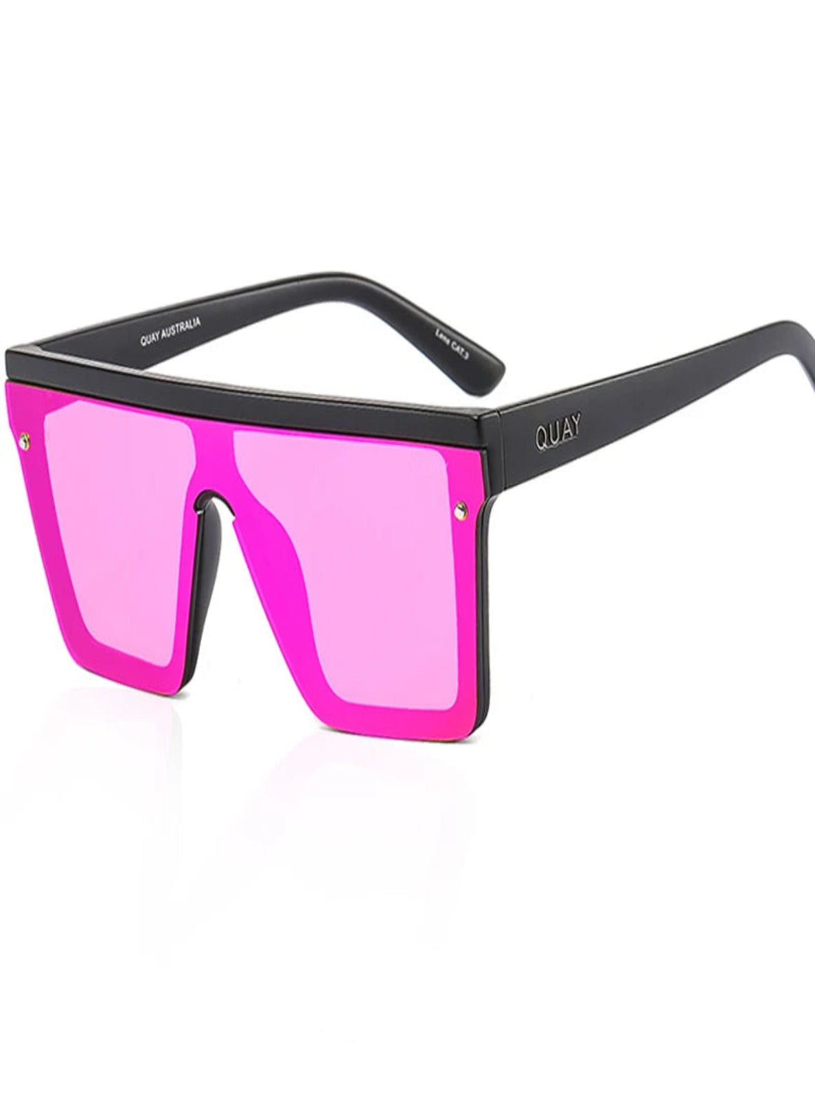 Sunglasses with pink lenses and black frame on a white background