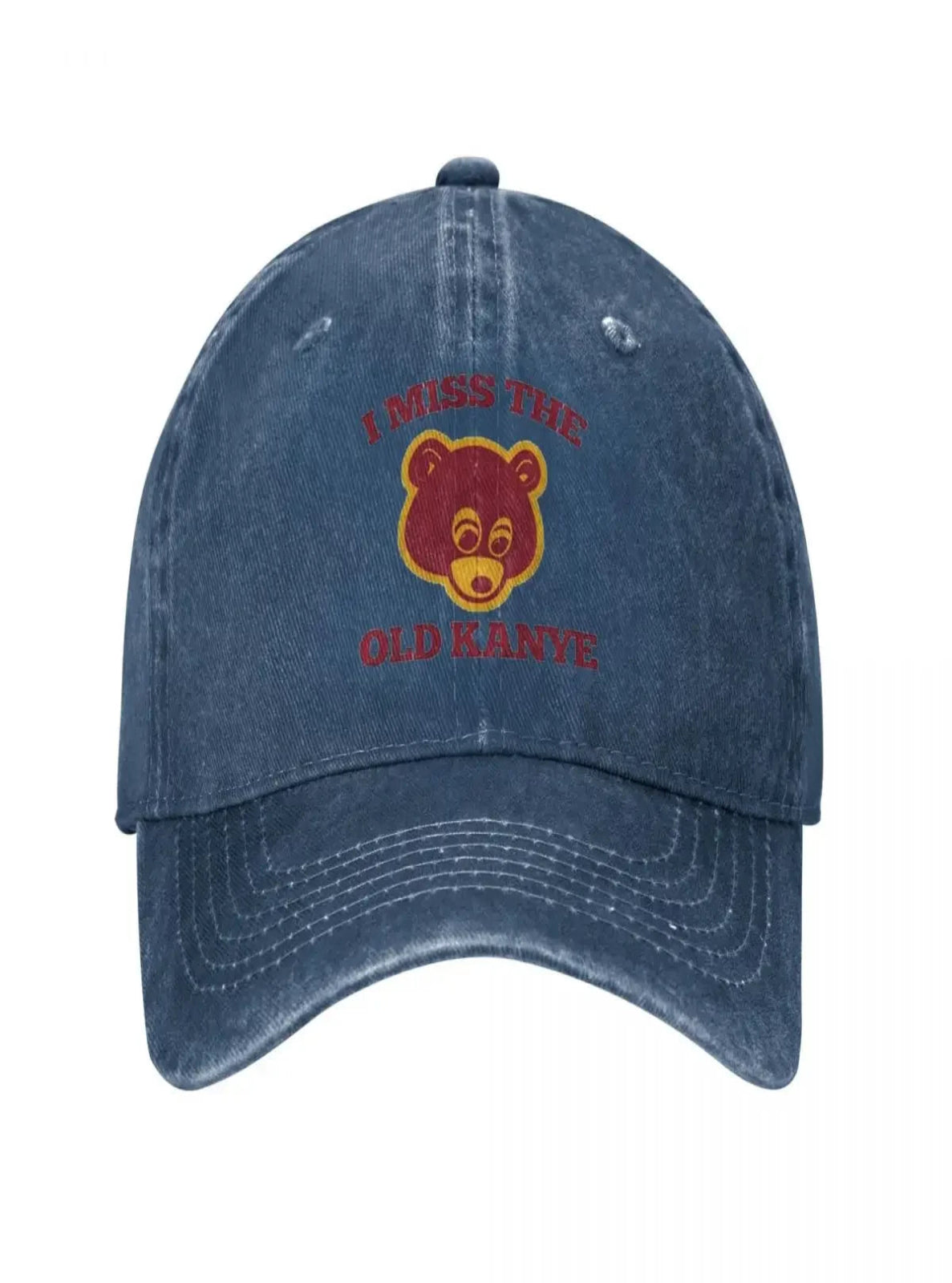 Blue cap with a bear graphic and text on a white background
