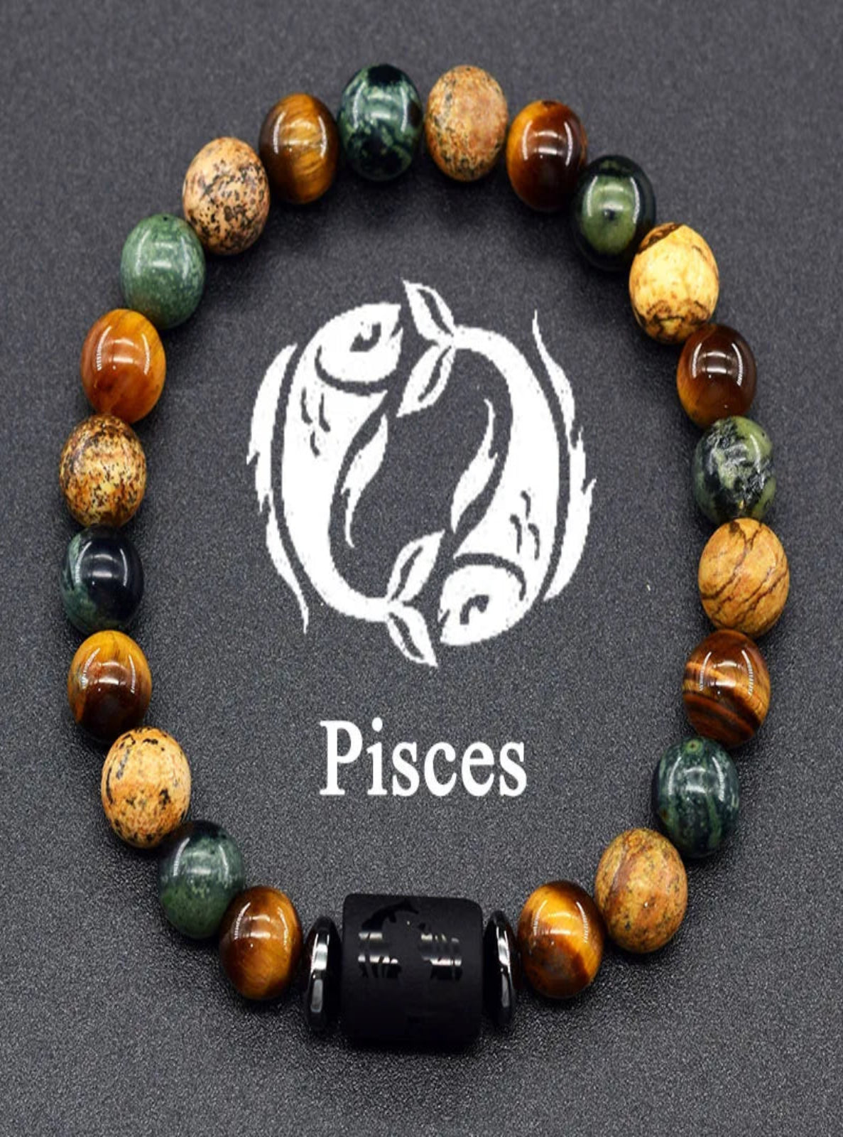 Multicolored beaded bracelet with Pisces symbol on a dark background