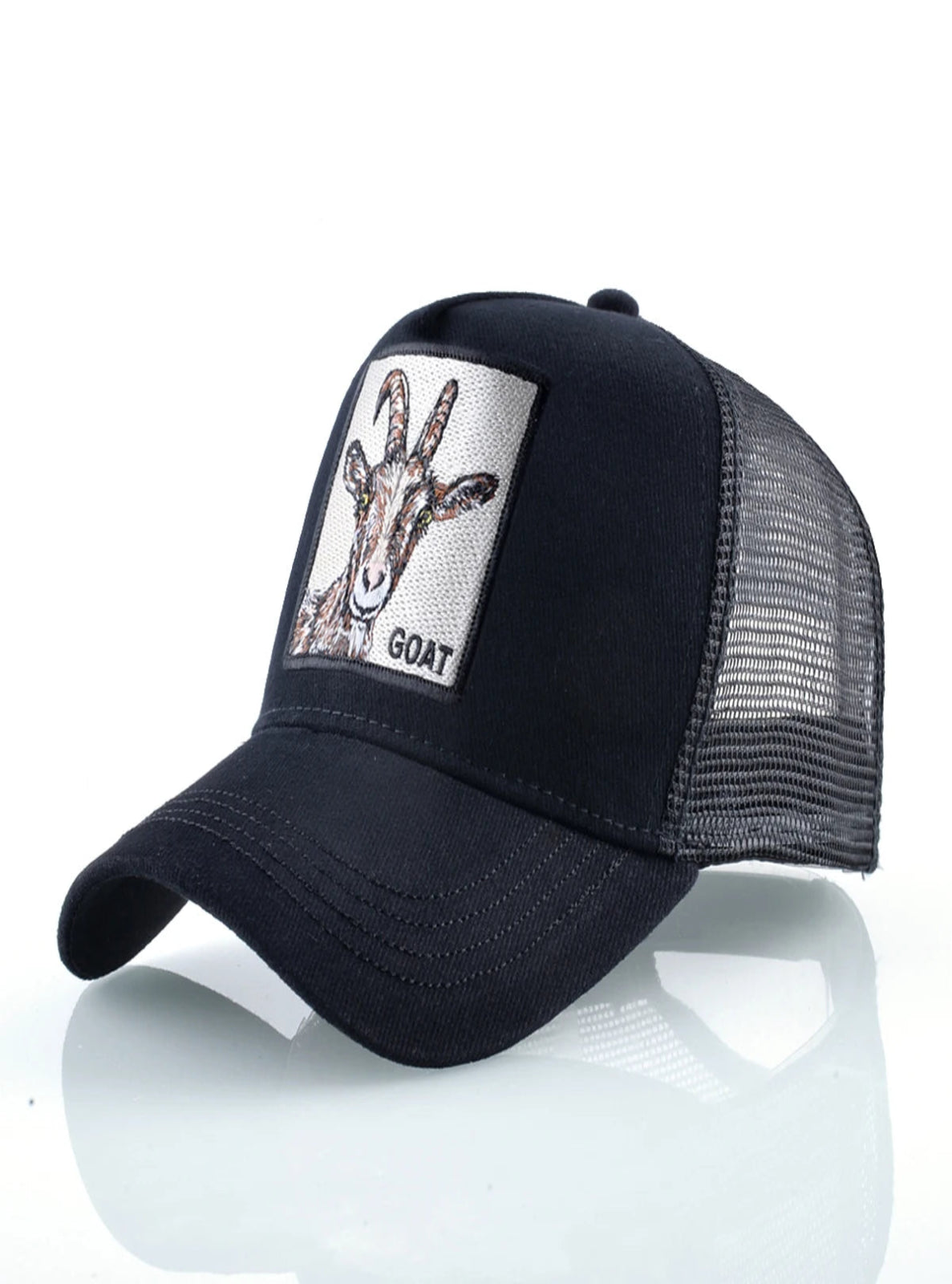 Black mesh cap with a goat graphic and 'GOAT' text on a white background