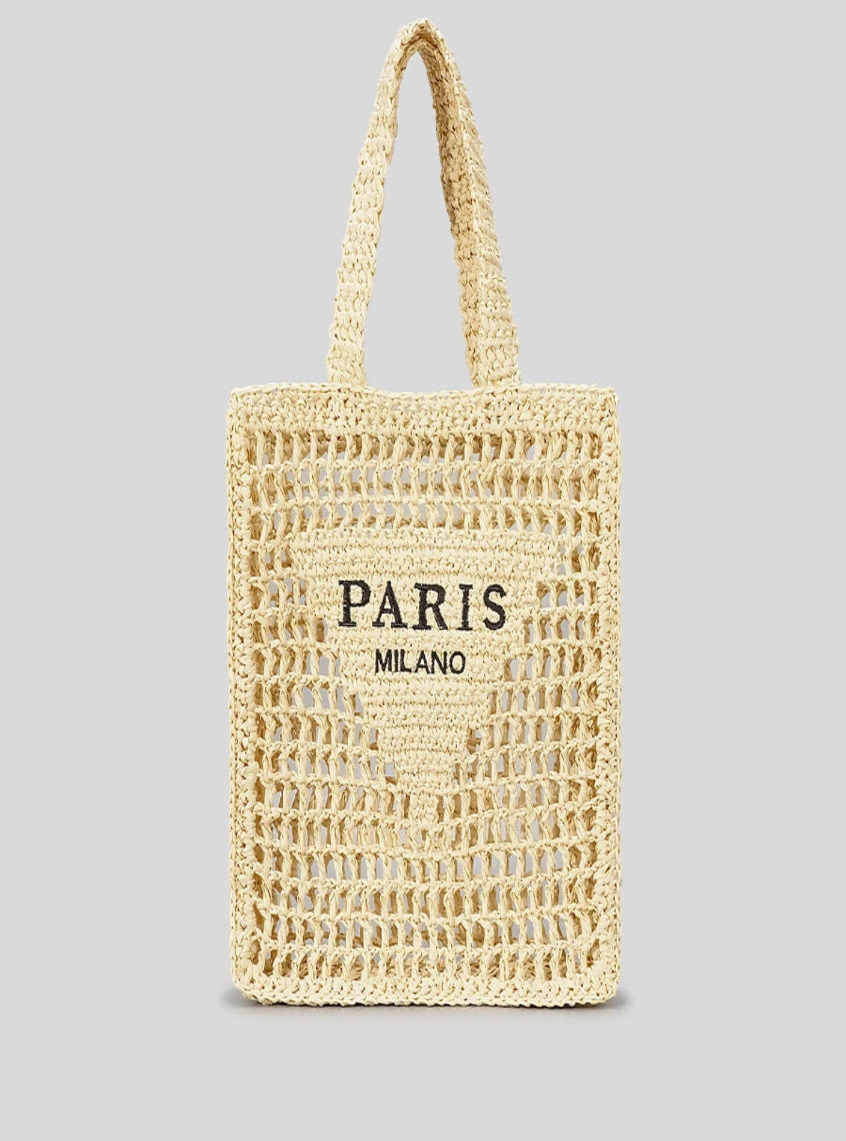 Woven tote bag with 'PARIS MILANO' text on a gray background