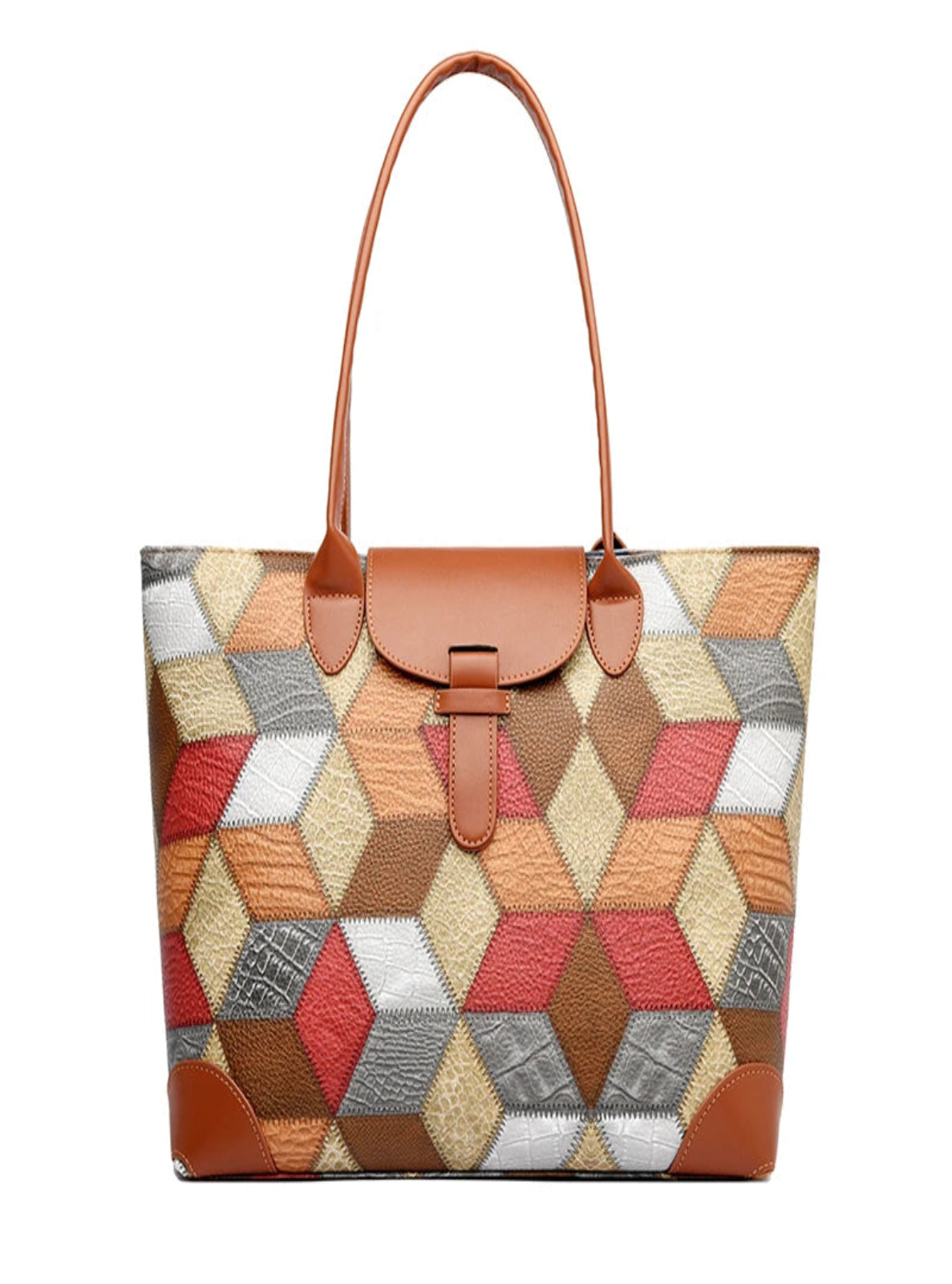 Multicolored geometric patterned handbag with brown leather accents on a white background