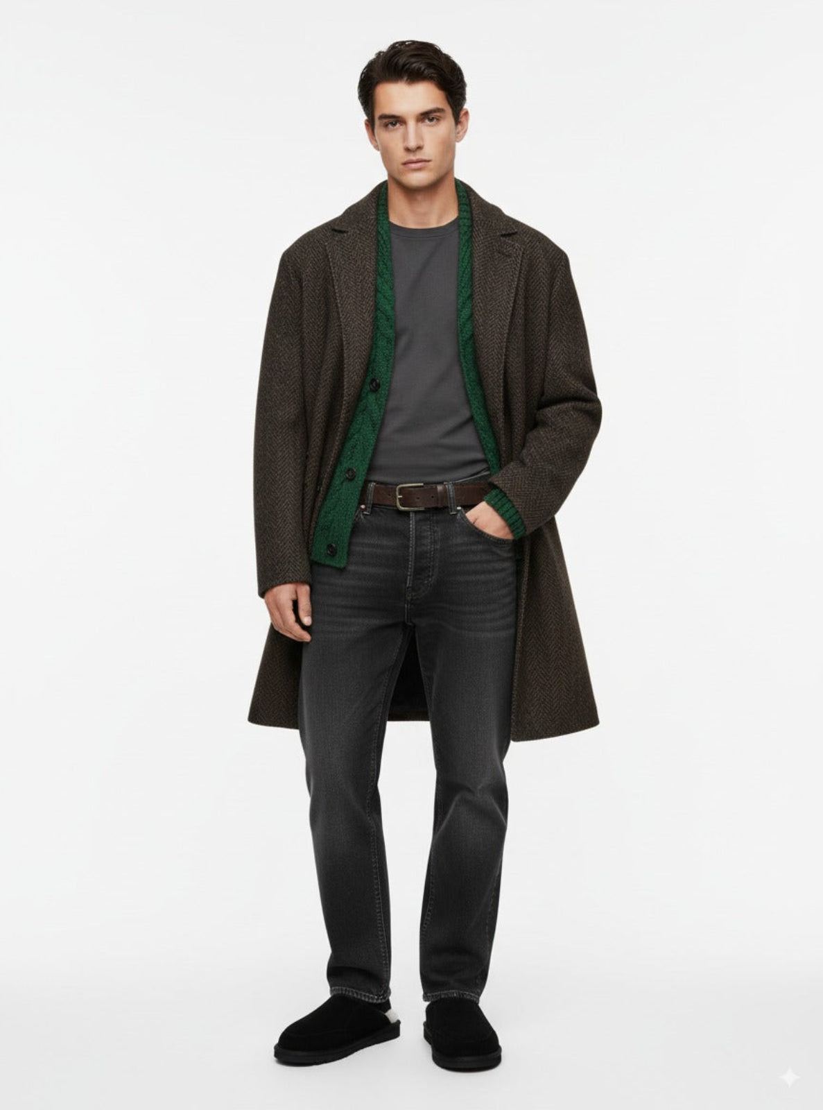 Man wearing a dark coat with green lining, gray shirt, and black pants on a white background