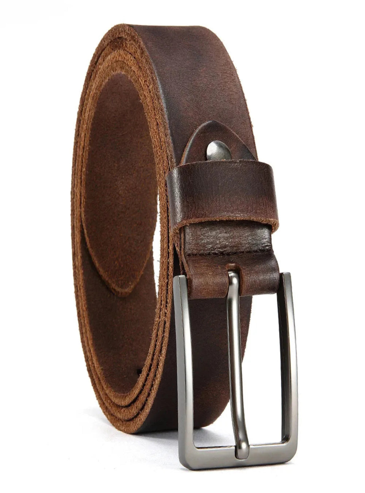 Brown leather belt with a silver buckle on a white background