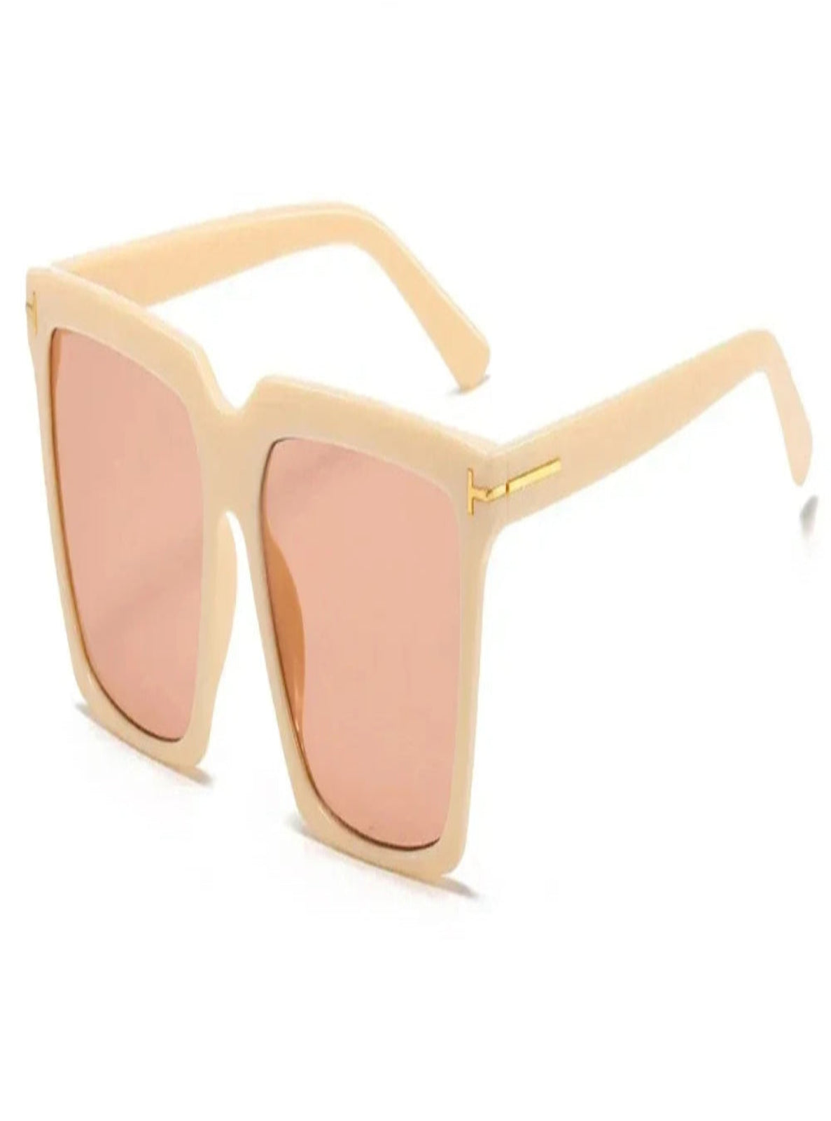 Beige sunglasses with pink-tinted lenses on a white background
