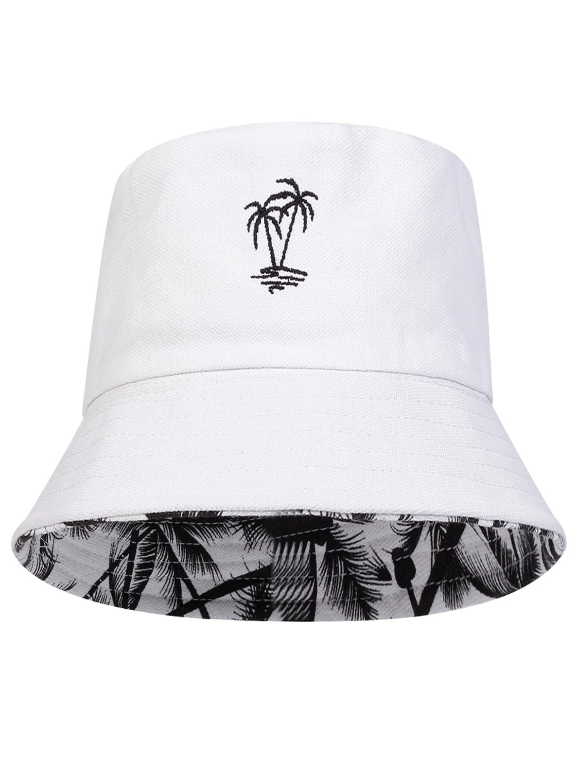 White bucket hat with black palm tree design on a white background