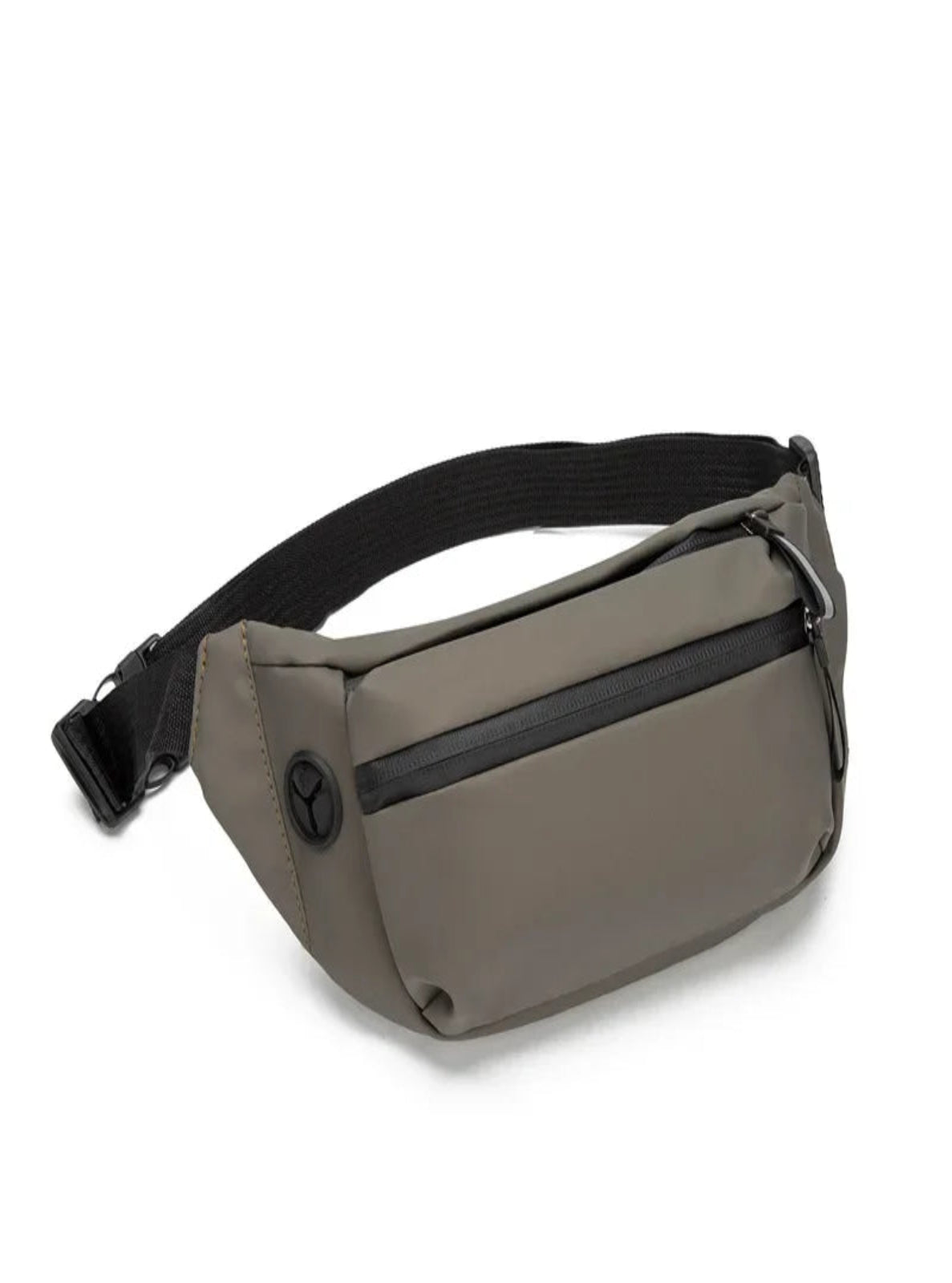 Khaki crossbody bag with a black strap on a white background
