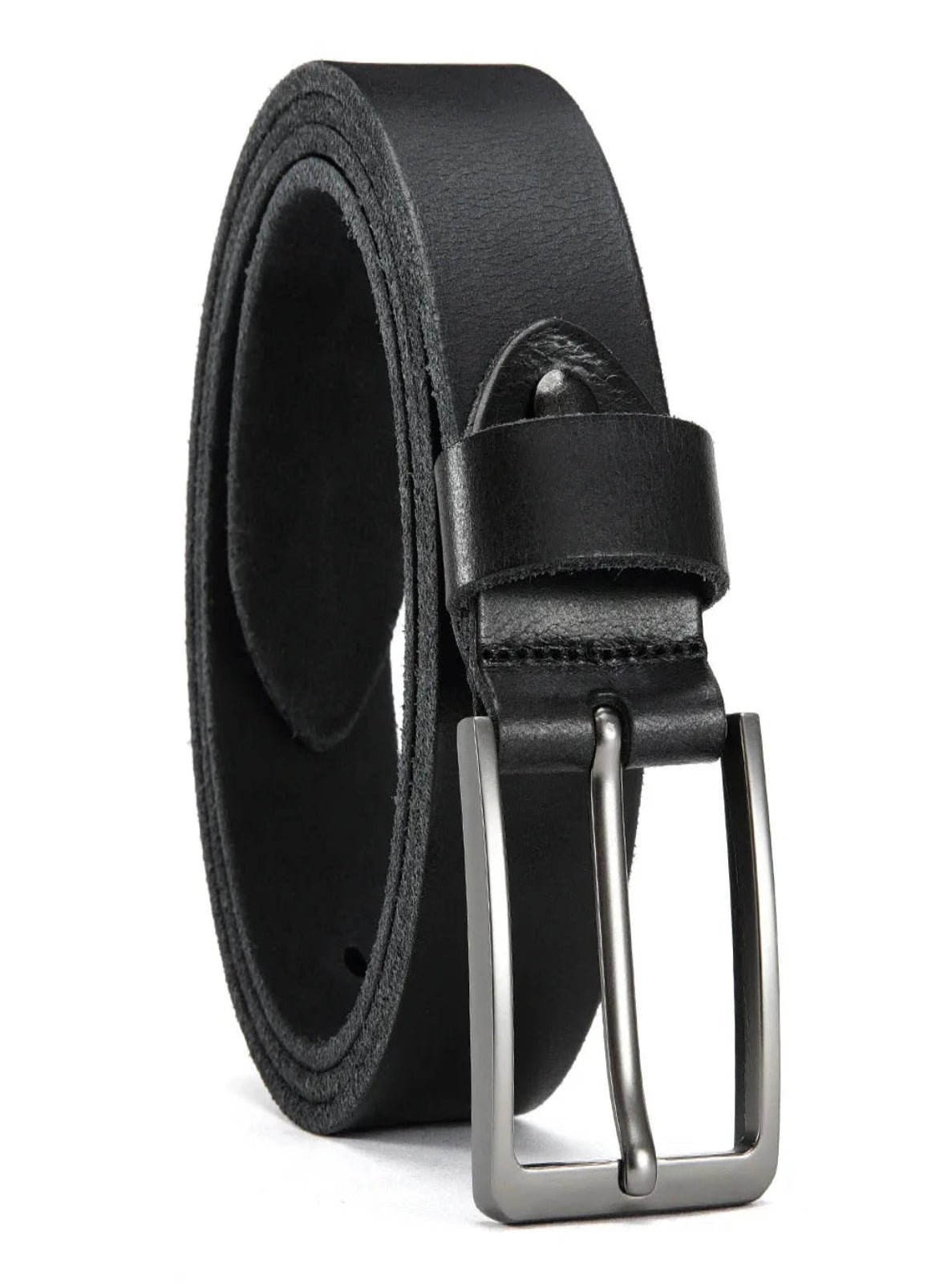 Black leather belt with a silver buckle on a white background