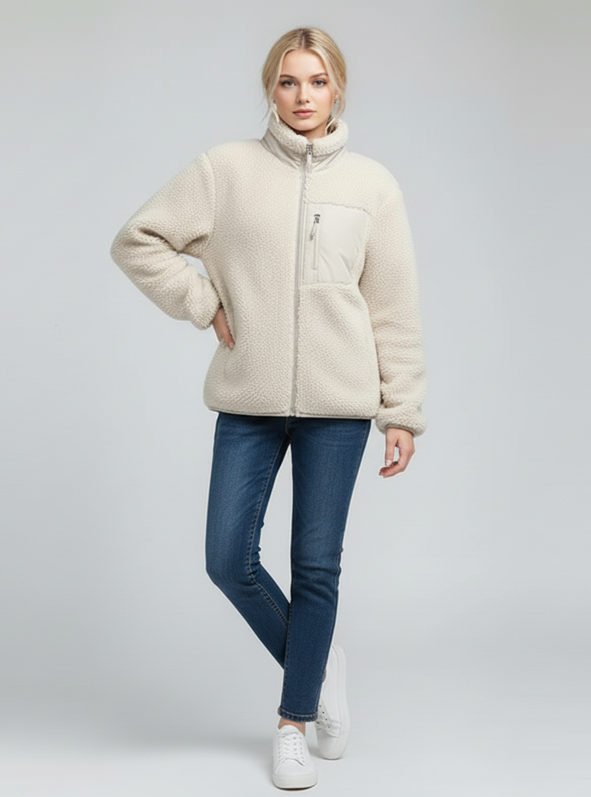 Woman wearing a cream fleece jacket and blue jeans on a gray background