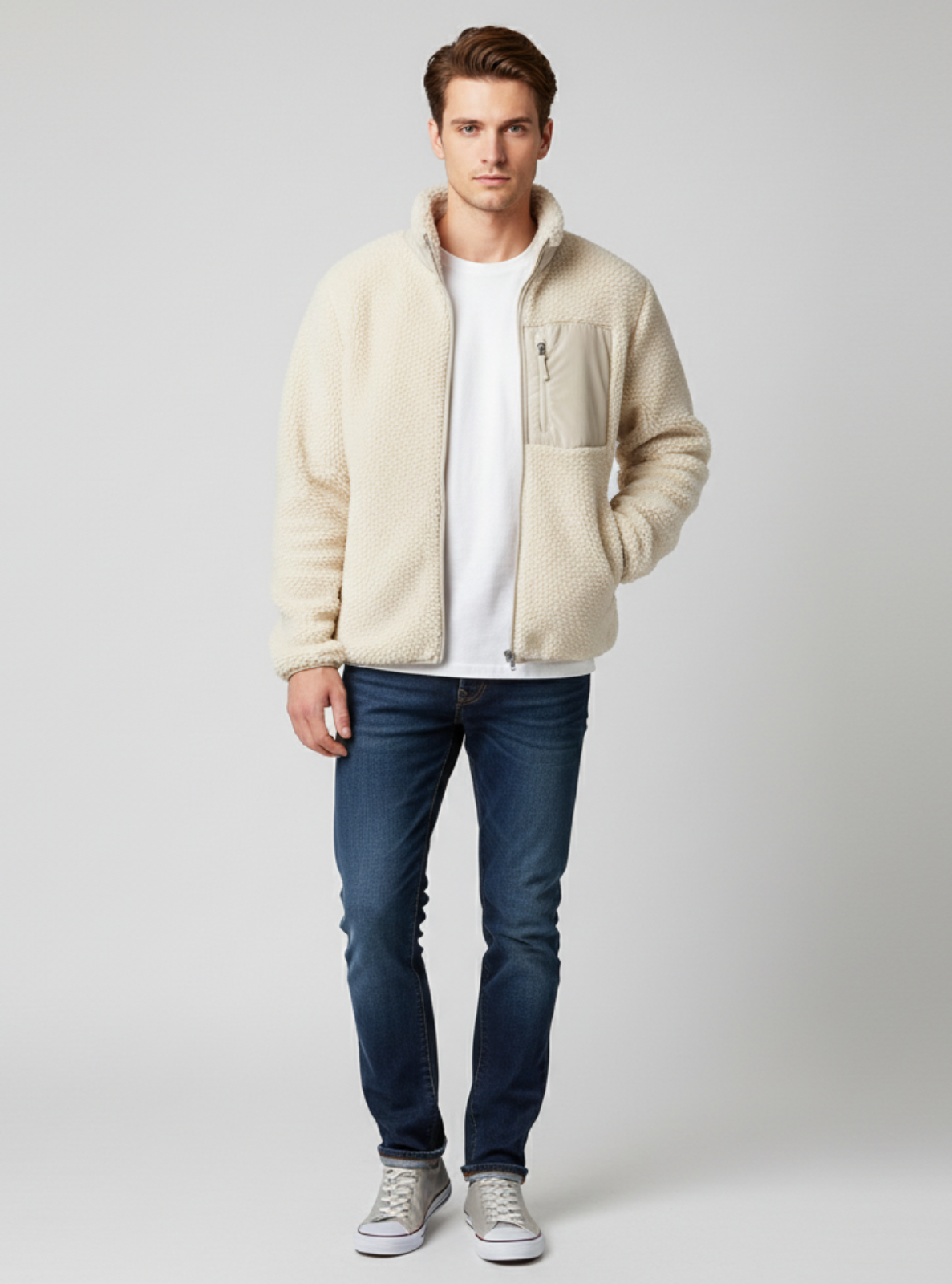 Man wearing a beige fleece jacket, white t-shirt, blue jeans, and gray sneakers on a light gray background