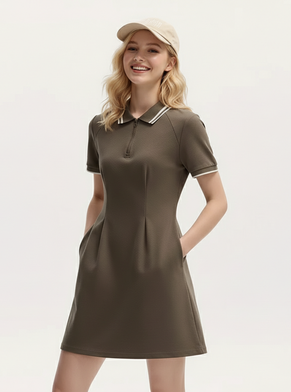 Woman wearing a brown dress with a white collar on a white background