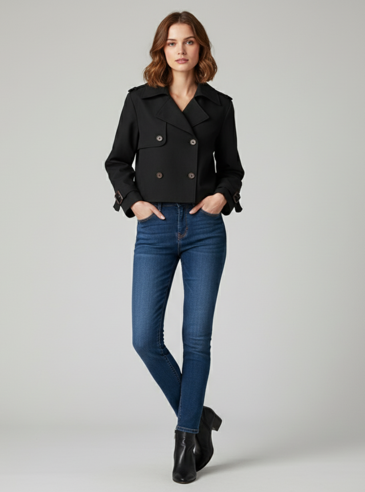 Woman wearing a black coat and blue jeans on a gray background