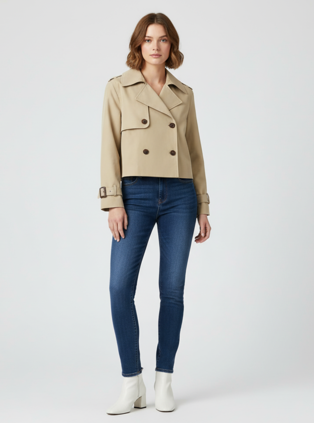 Woman wearing a beige trench coat and blue jeans on a white background