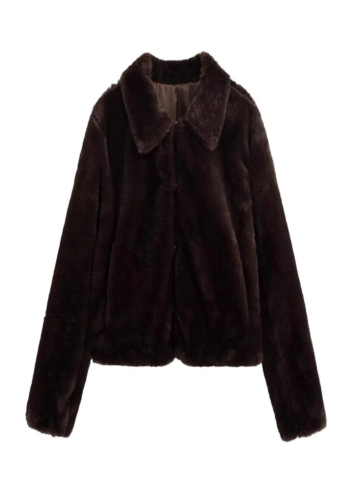 Brown faux fur jacket on a white background