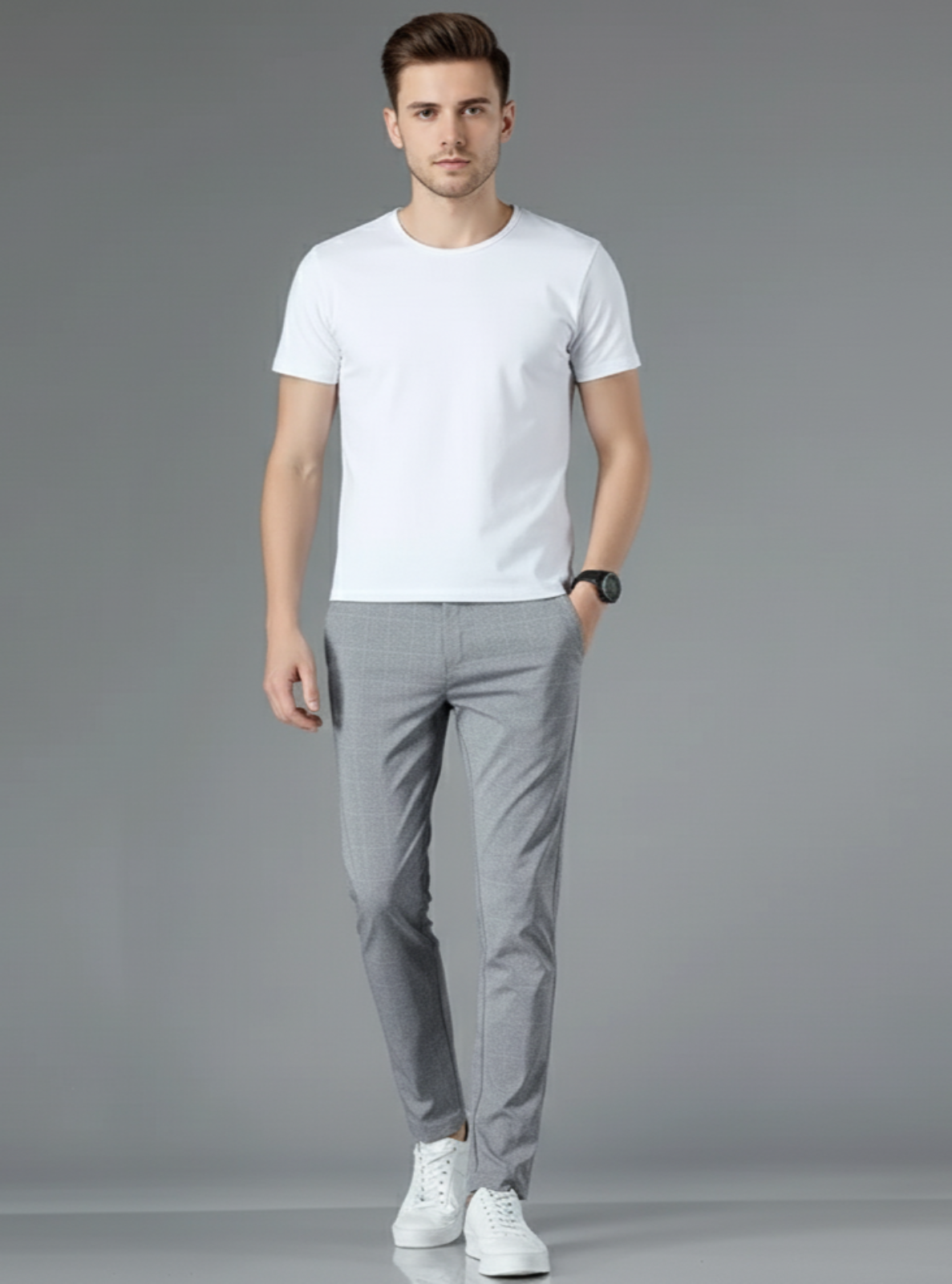 Man wearing a white t-shirt and gray pants on a gray background