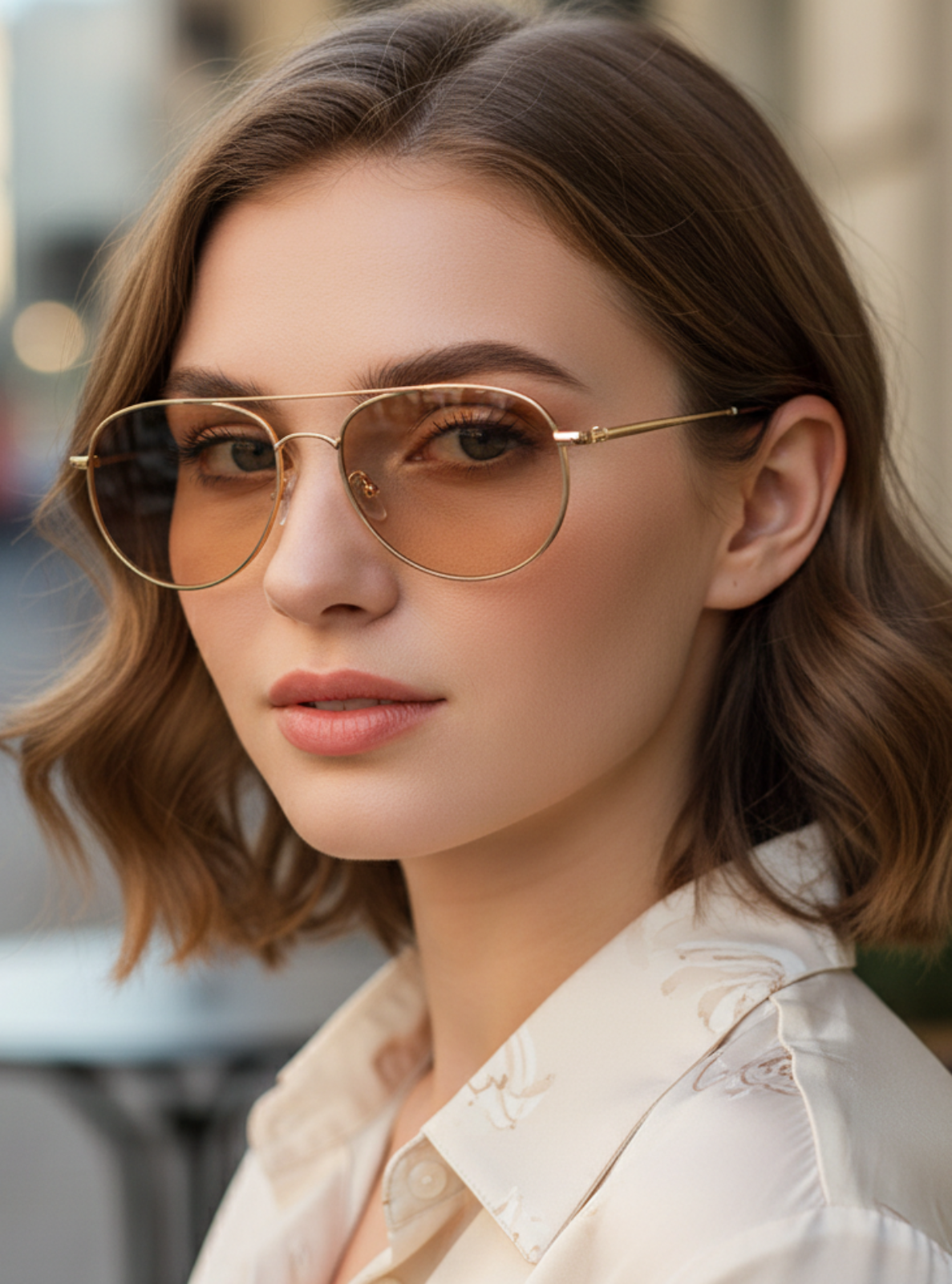 Woman wearing gold-framed sunglasses with a blurred street background