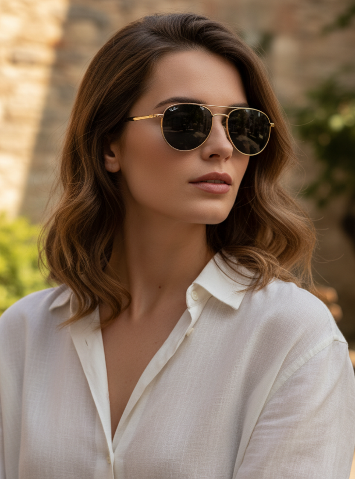Woman wearing sunglasses and a white shirt outdoors