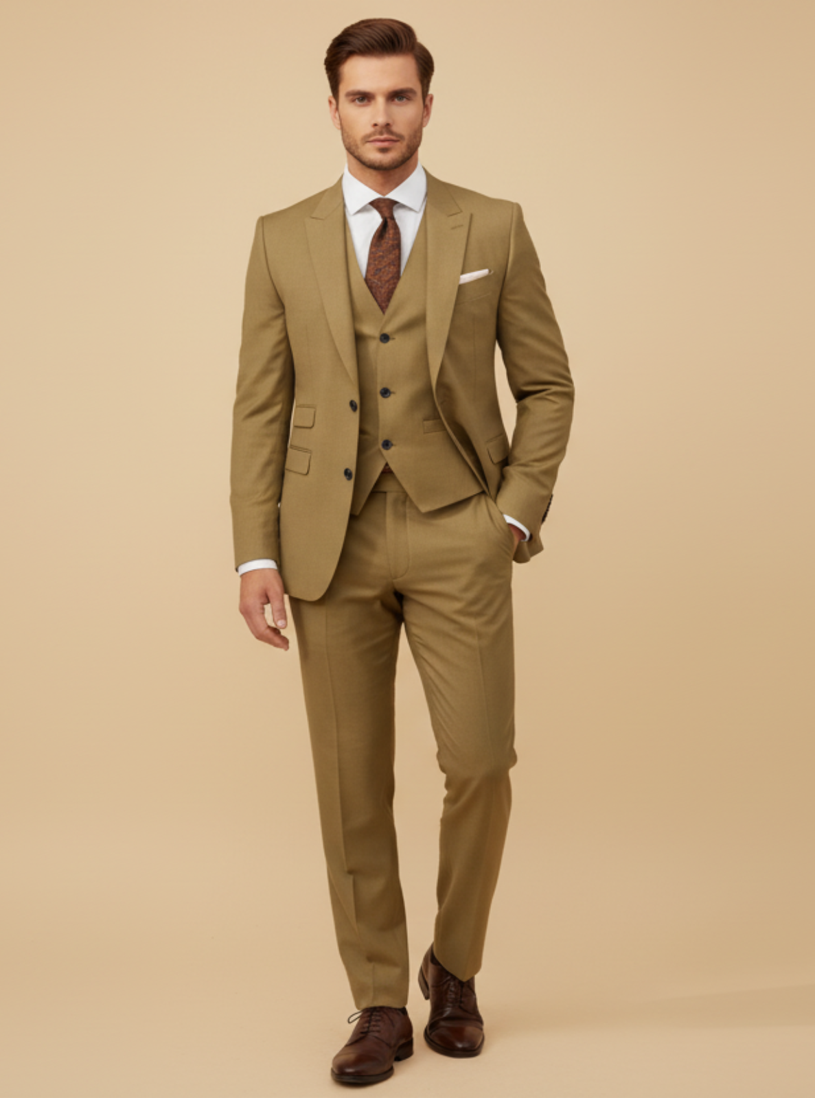 Man wearing a brown suit with a tie on a beige background