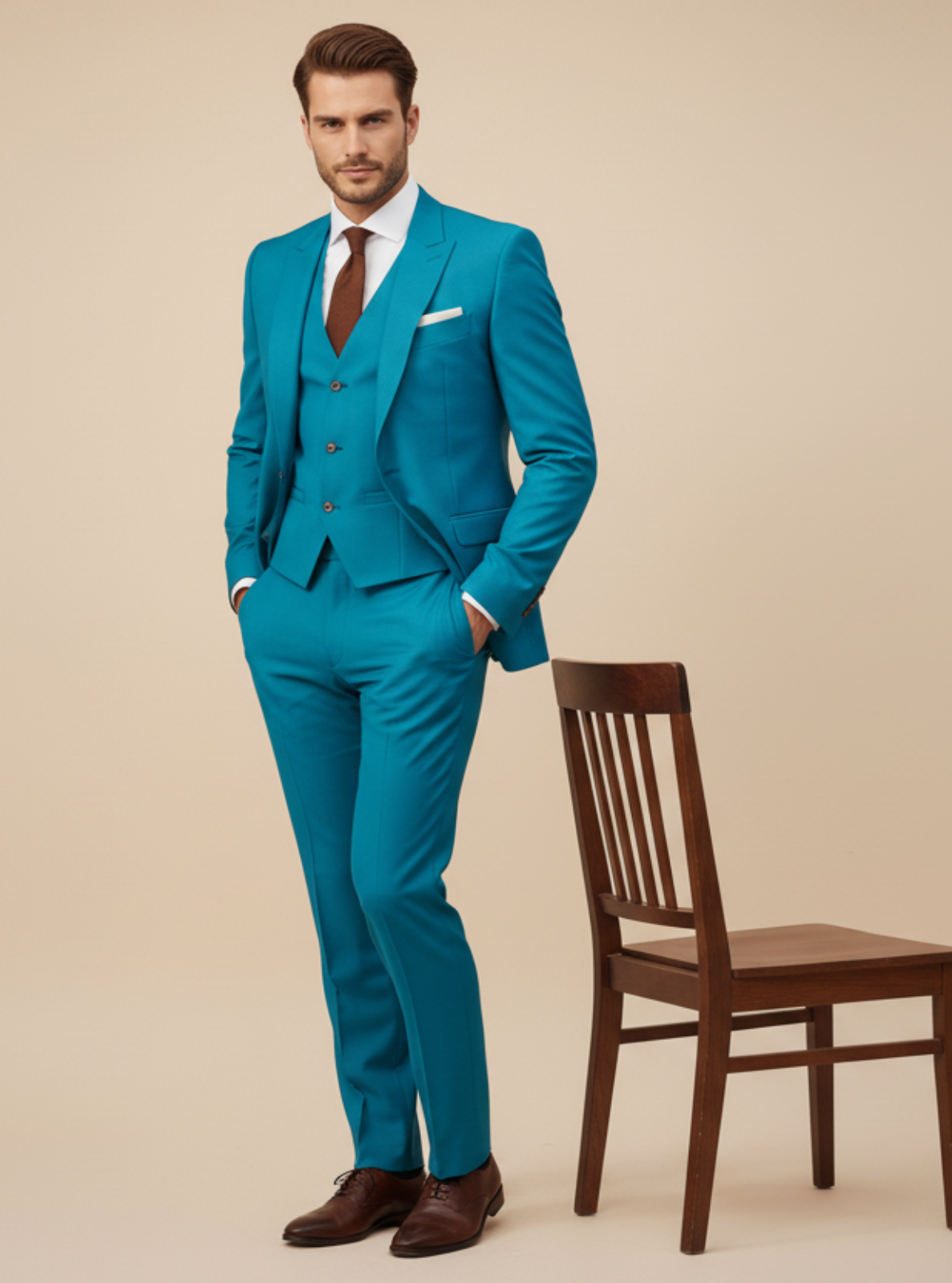 Man in a turquoise suit standing next to a wooden chair on a beige background