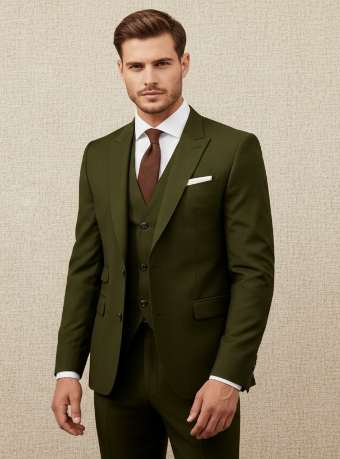Man wearing a green suit with a brown tie against a beige background