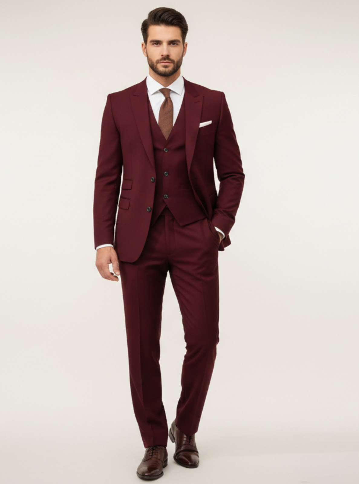 Man wearing a burgundy suit with a white shirt and brown shoes on a white background