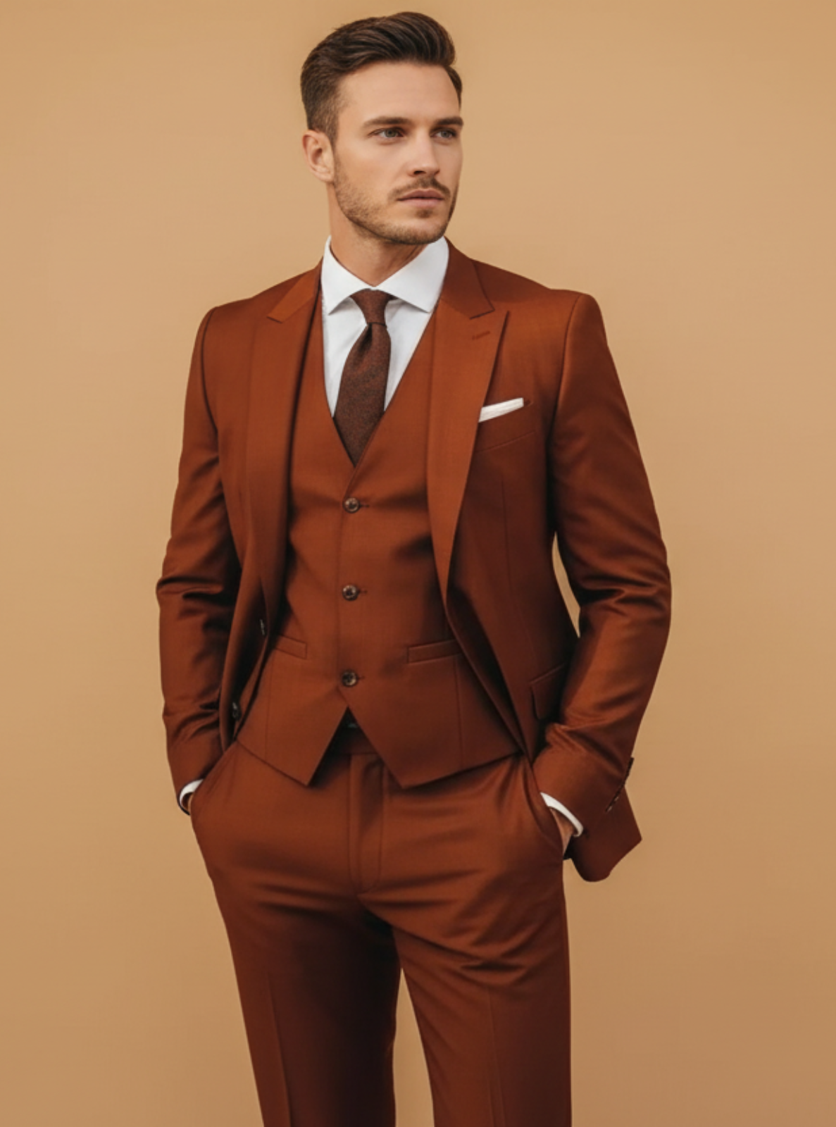 Man wearing a brown suit against a beige background