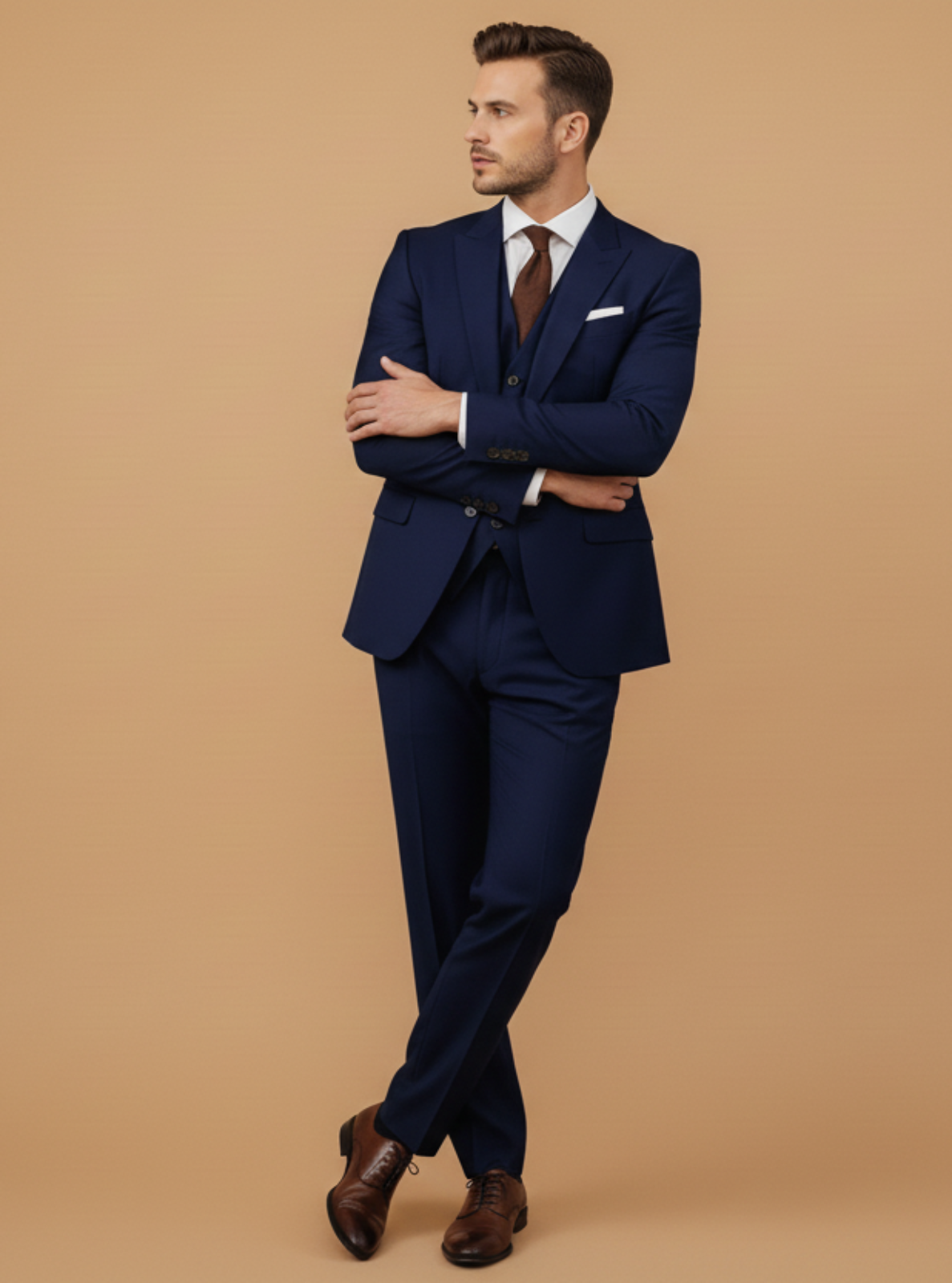 Man wearing a navy suit with a brown tie on a beige background