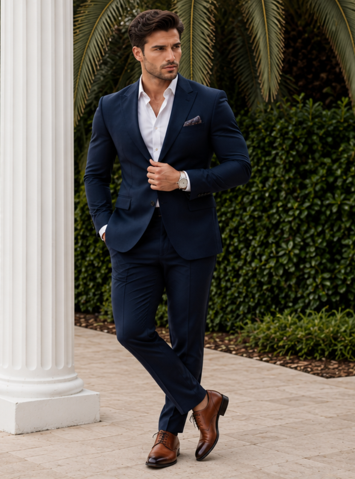 A man wearing a navy blue suit, white dress shirt, and brown dress shoes walks outdoors next to a white column, with a hedge and palm trees in the background.