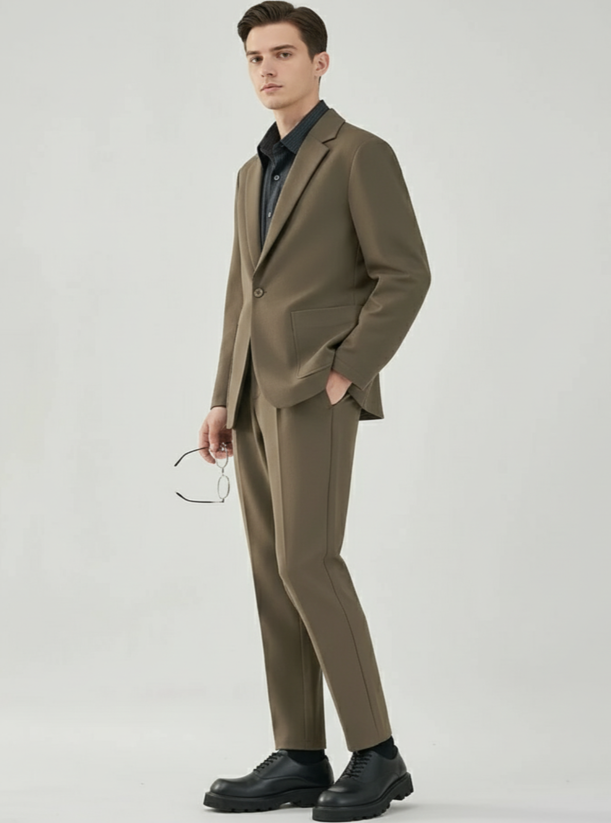 Man wearing a brown suit with black shoes on a white background
