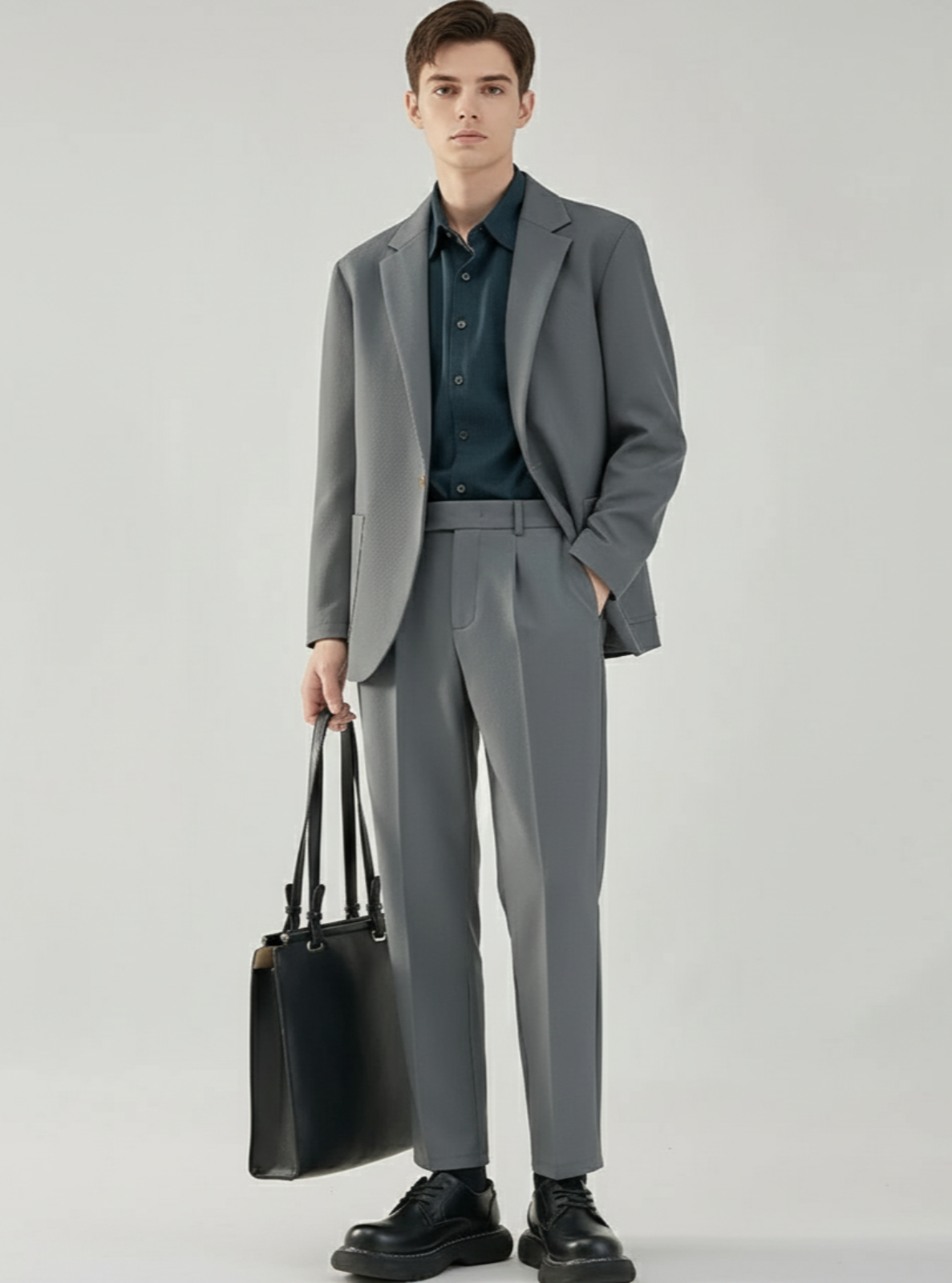 Man wearing a gray suit holding a black bag on a light gray background