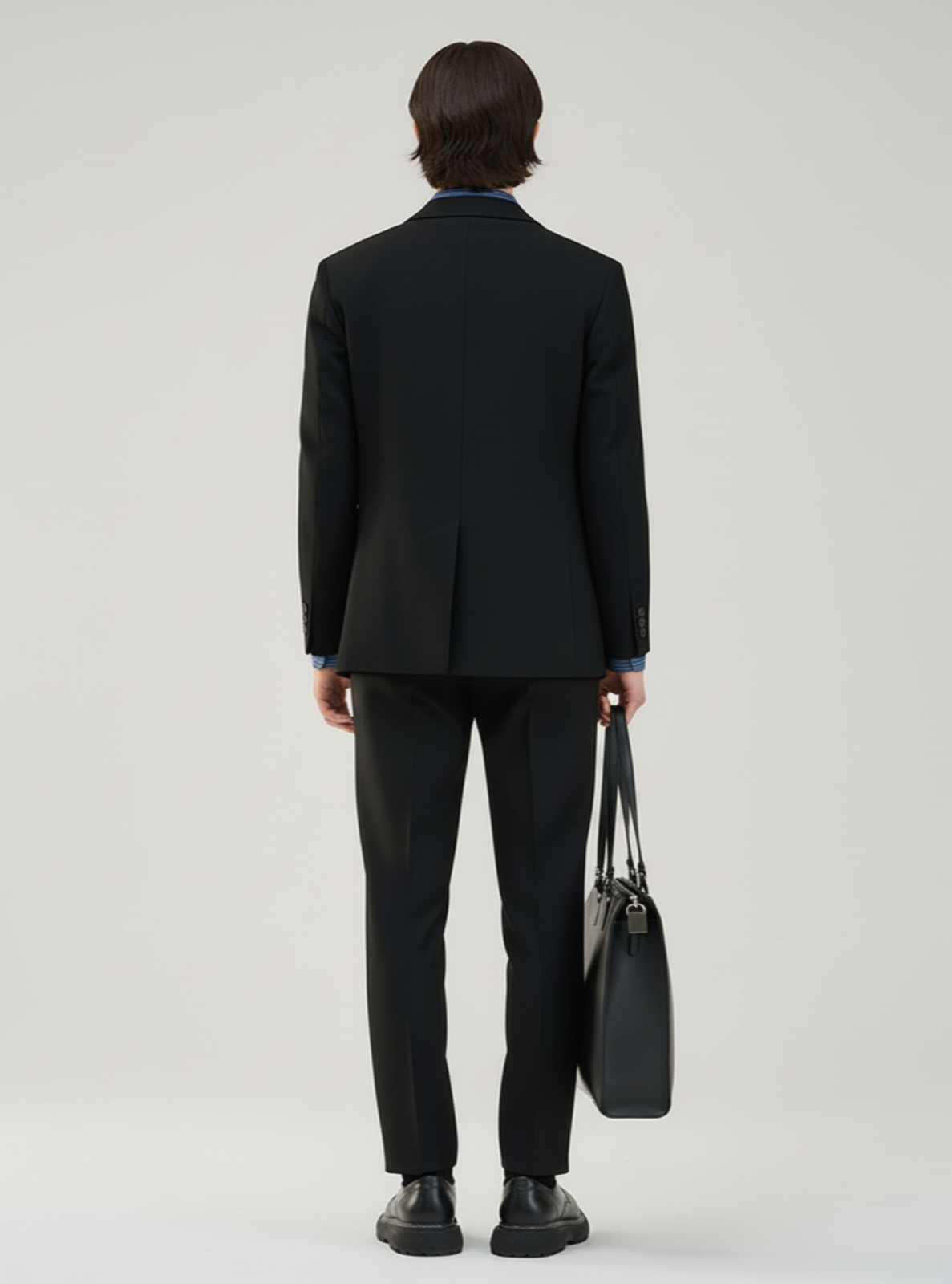 Person wearing a black suit holding a black bag on a white background