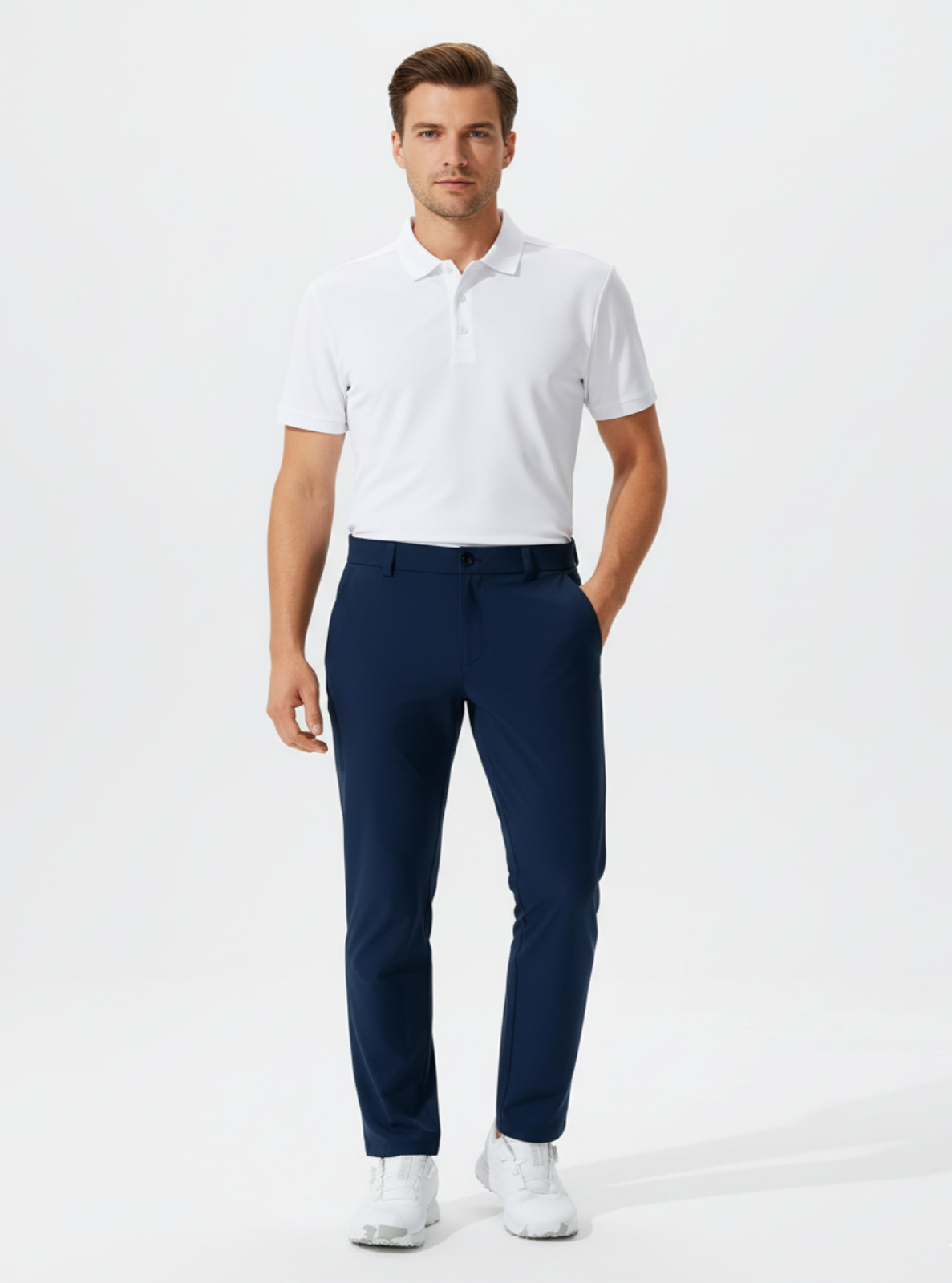 Man wearing a white polo shirt and navy pants on a white background
