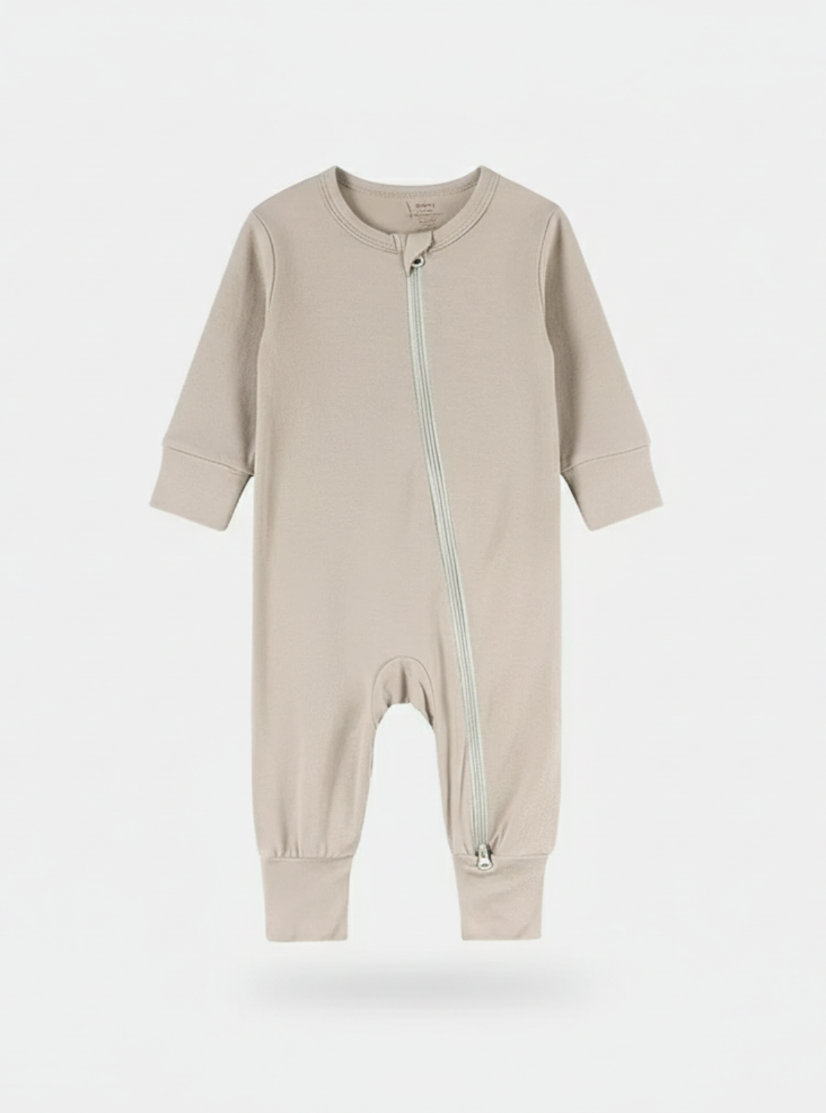 Beige baby onesie with a zipper on a white background