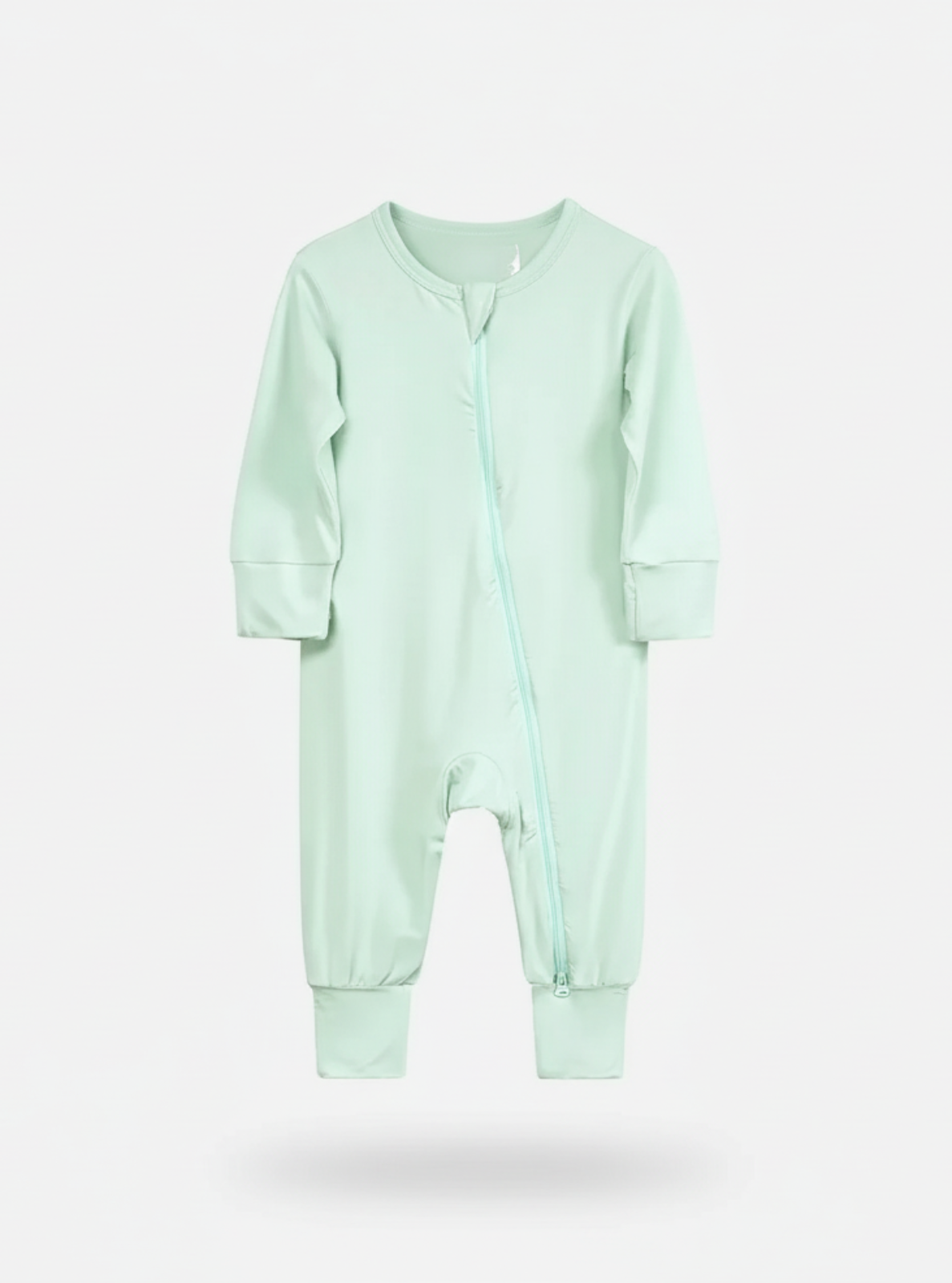Light green baby onesie with a zipper on a white background