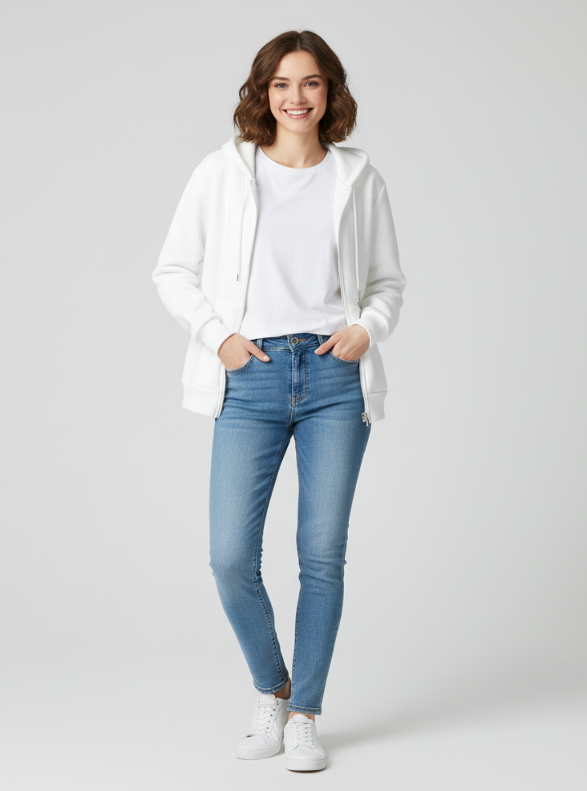 Woman wearing a white hoodie, white shirt, blue jeans, and white sneakers on a gray background