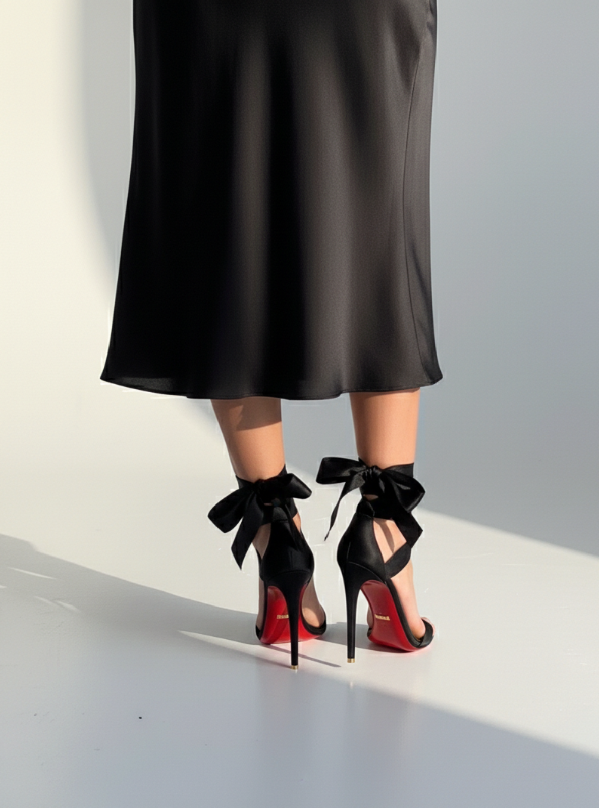 Black high-heeled shoes with bow details worn by a person in a black skirt on a light gray background