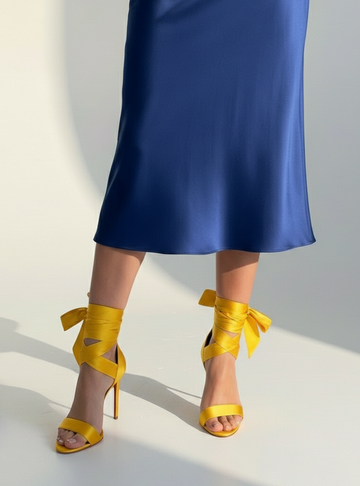 Yellow high-heeled sandals with ribbon straps worn with a blue satin skirt on a white background