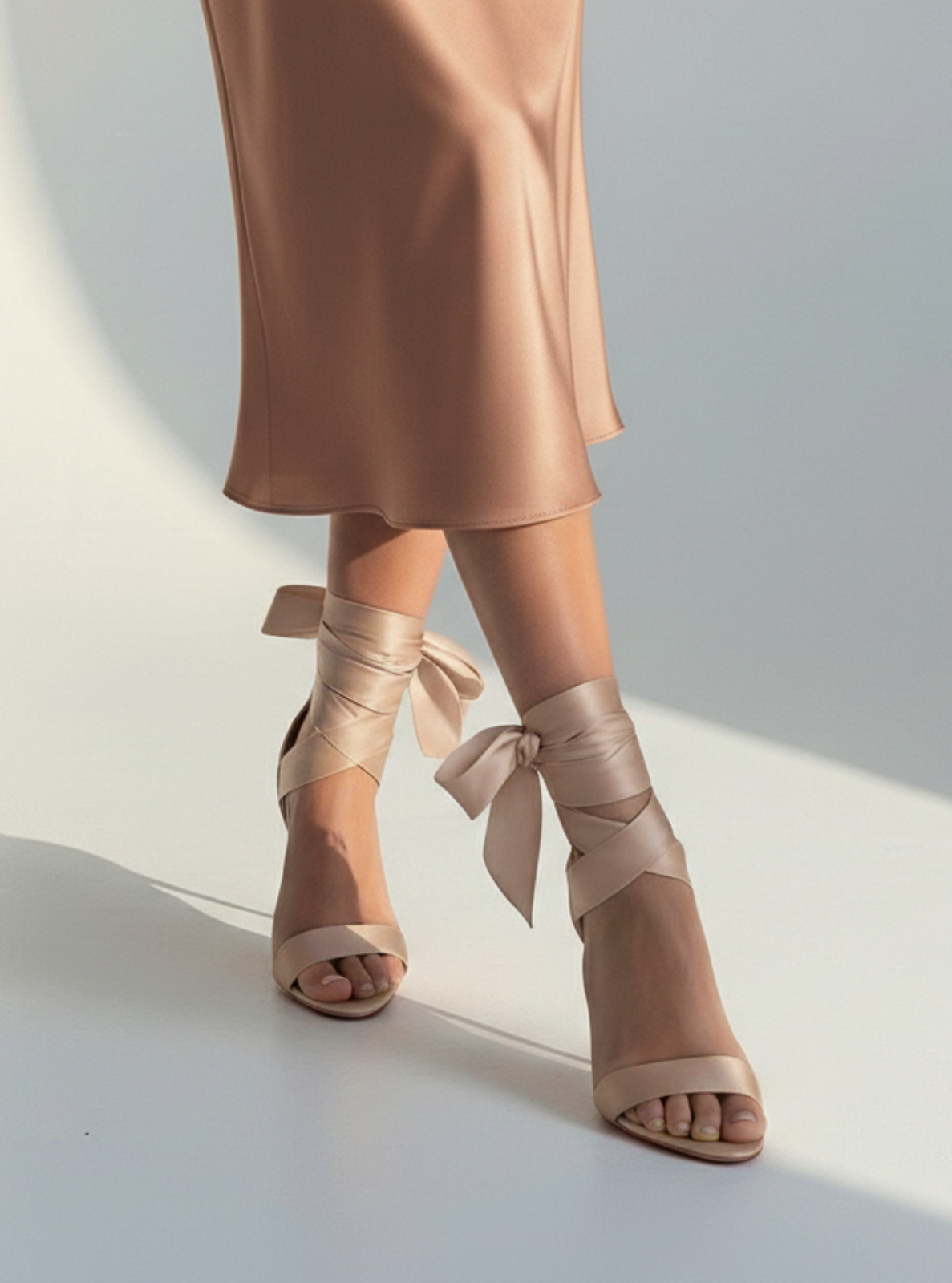 Beige high-heeled sandals with ribbon details worn by a person on a light background